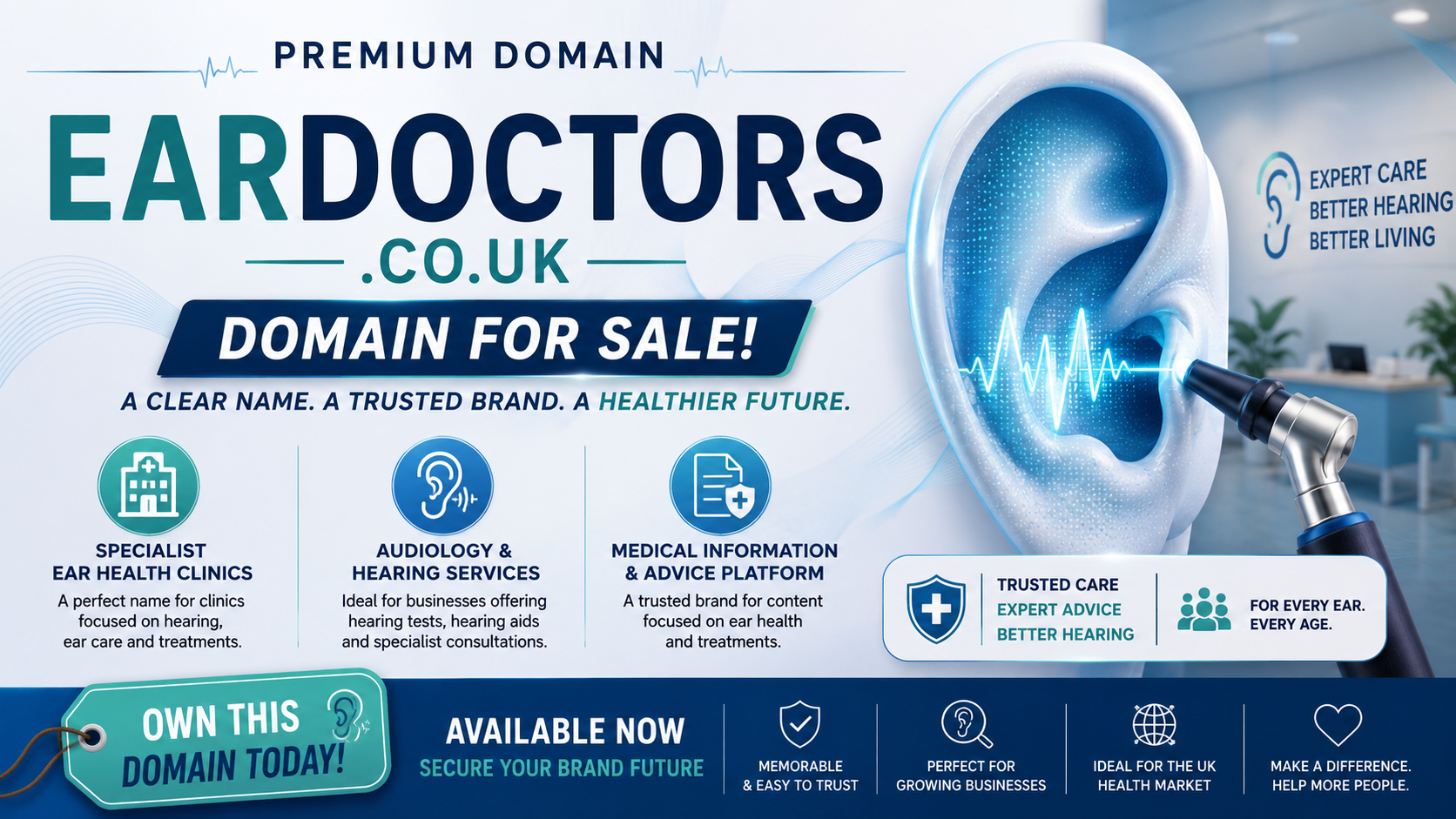 Promotional graphic featuring the domain eardoctors.co.uk with audiology visuals and medical clinic branding. Style: clean modern healthcare.