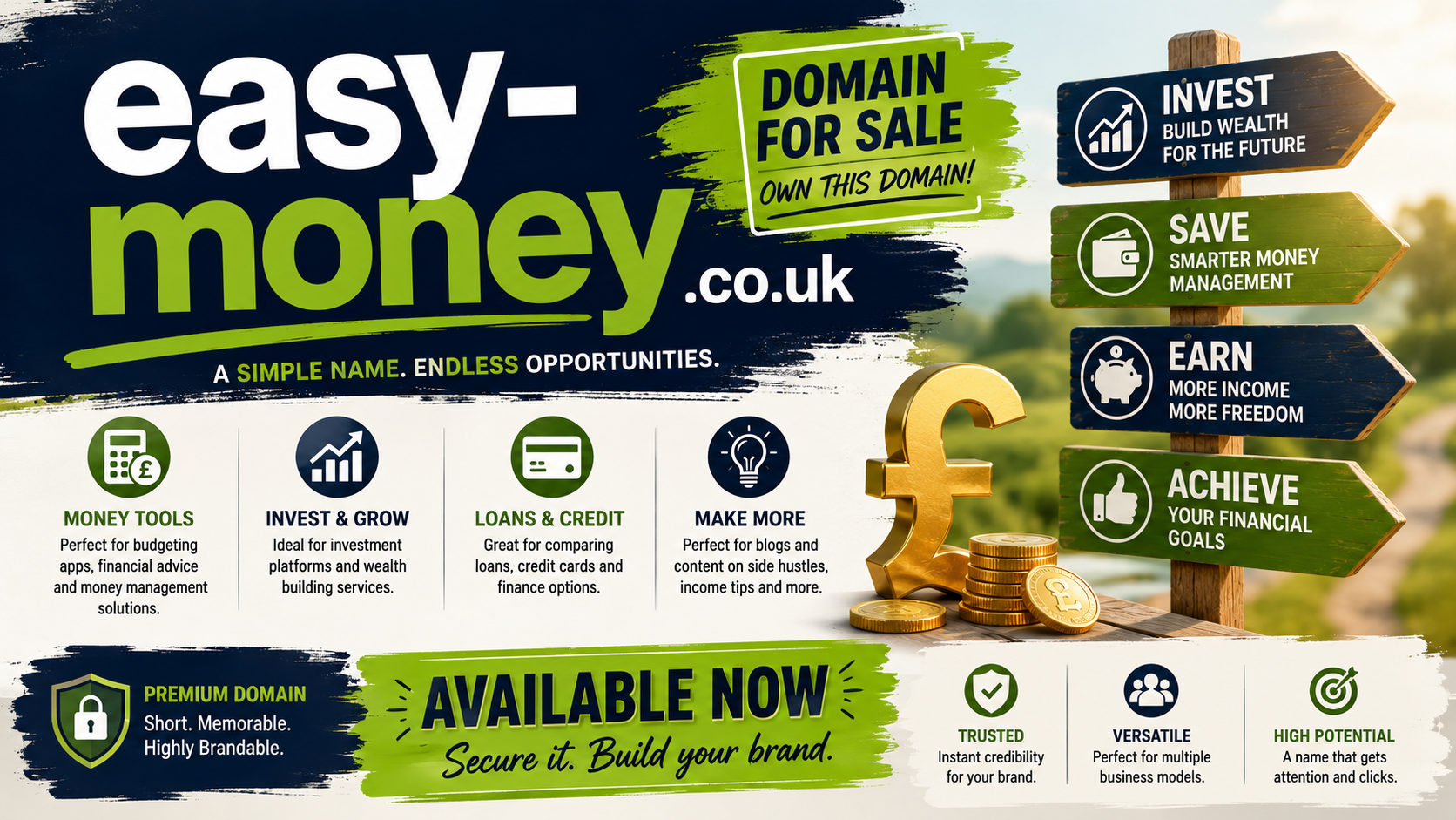 Promotional finance graphic featuring easy-money.co.uk with pound coins and wealth icons. Style: bright modern fintech.