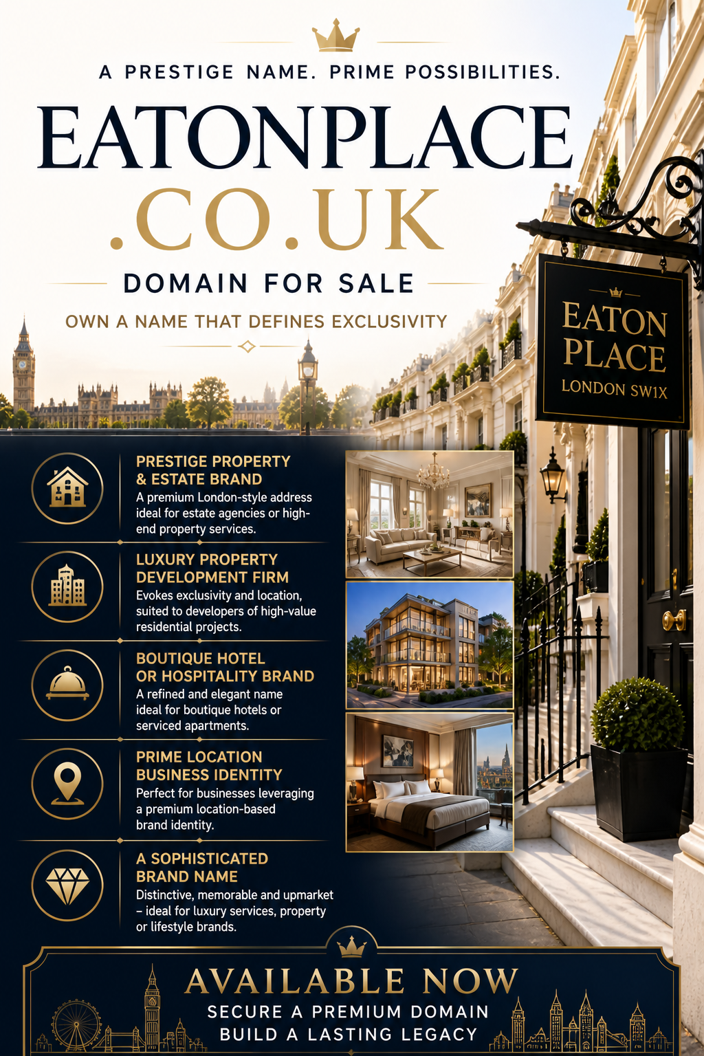Promotional graphic featuring the domain eatonplace.co.uk, shown with luxury London townhouses and elegant signage. Style: premium property.