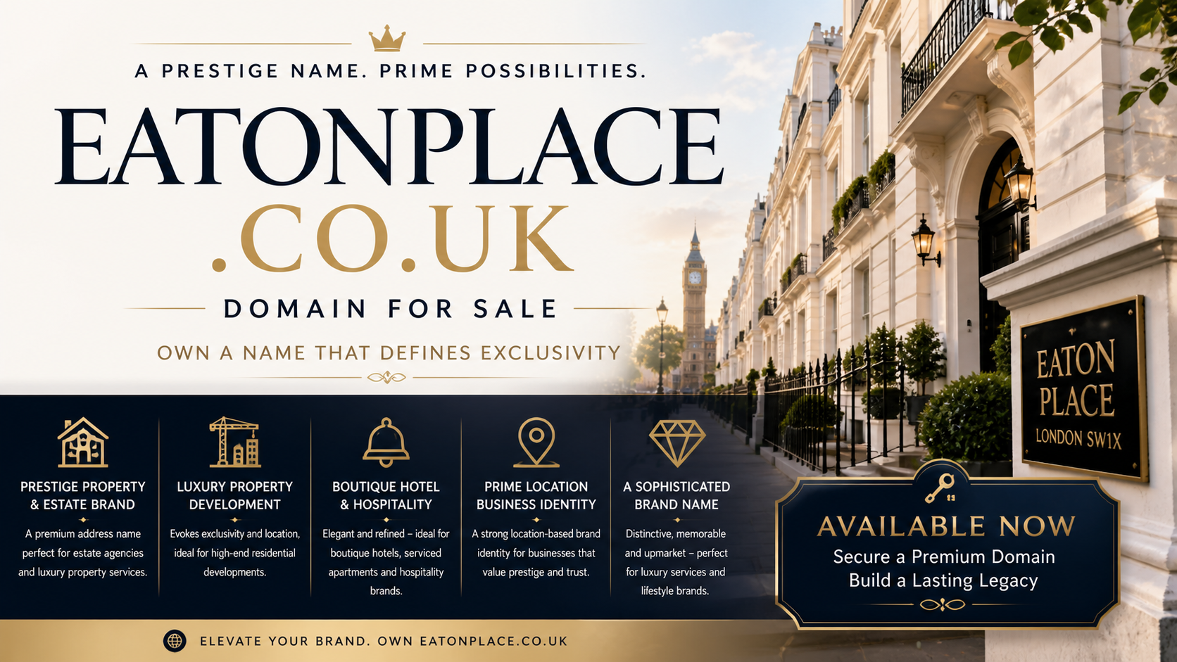 Promotional graphic featuring the domain eatonplace.co.uk, shown with luxury London townhouses and elegant signage. Style: premium property.