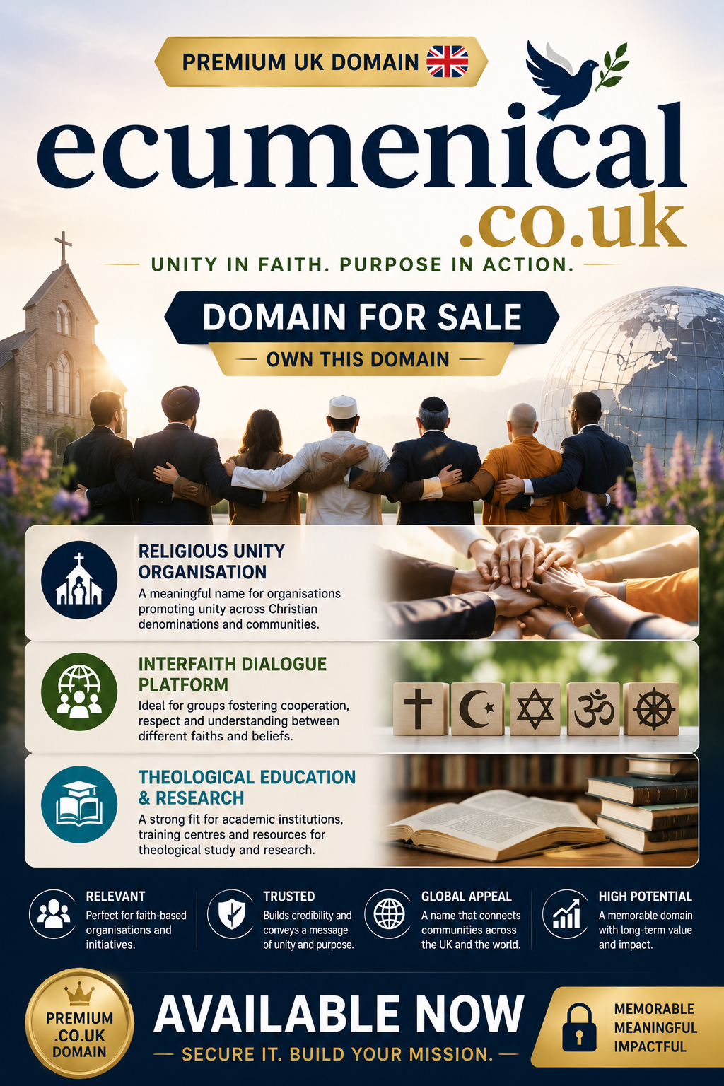 Promotional faith-themed graphic featuring ecumenical.co.uk with globe, books and unity imagery. Style: warm professional.