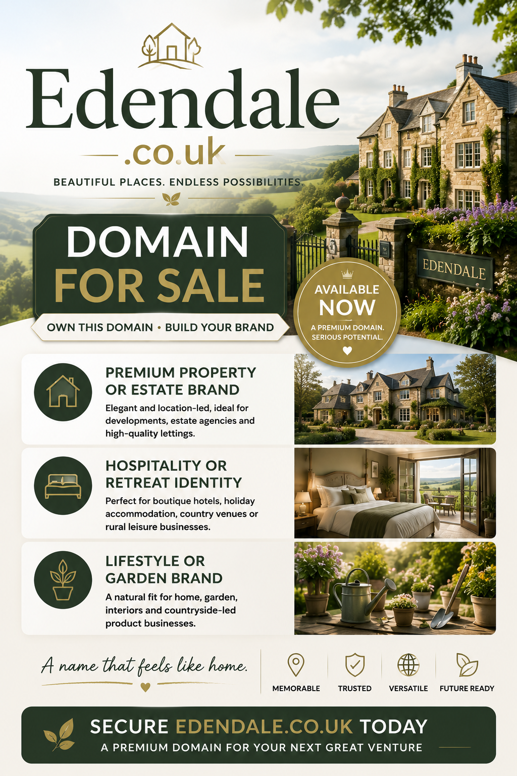 Promotional graphic featuring the domain Edendale.co.uk with country estate, boutique accommodation and landscaped gardens. Style: elegant countryside and property branding.