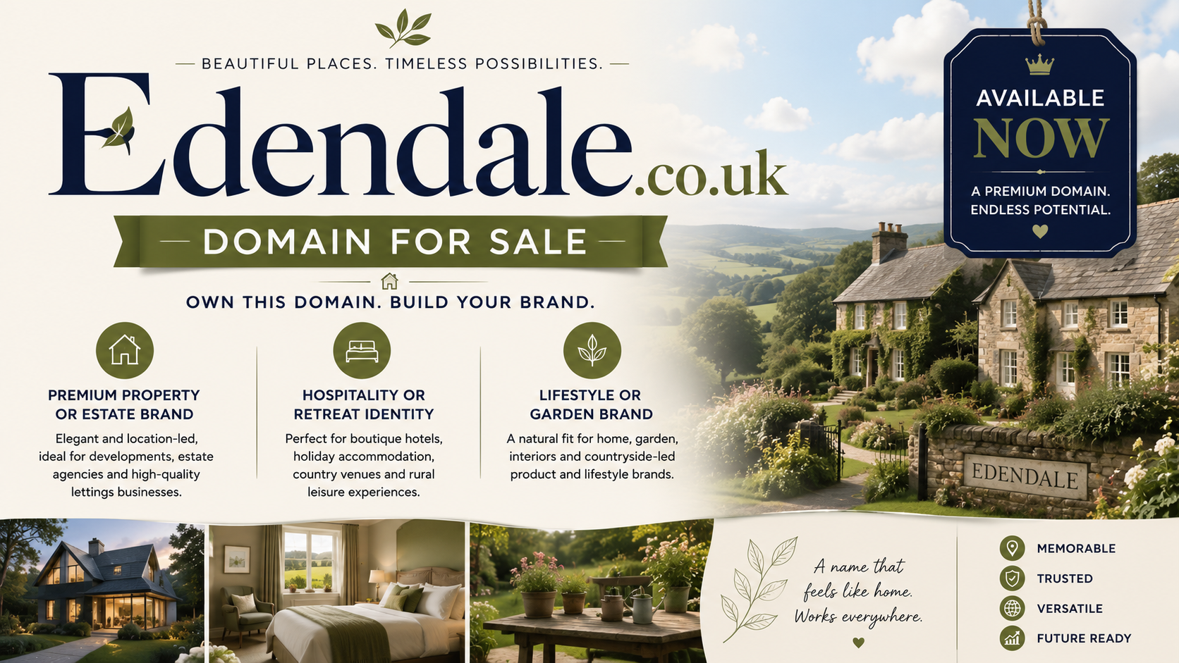 Promotional graphic featuring the domain Edendale.co.uk with country estate, boutique accommodation and landscaped gardens. Style: elegant countryside and property branding.