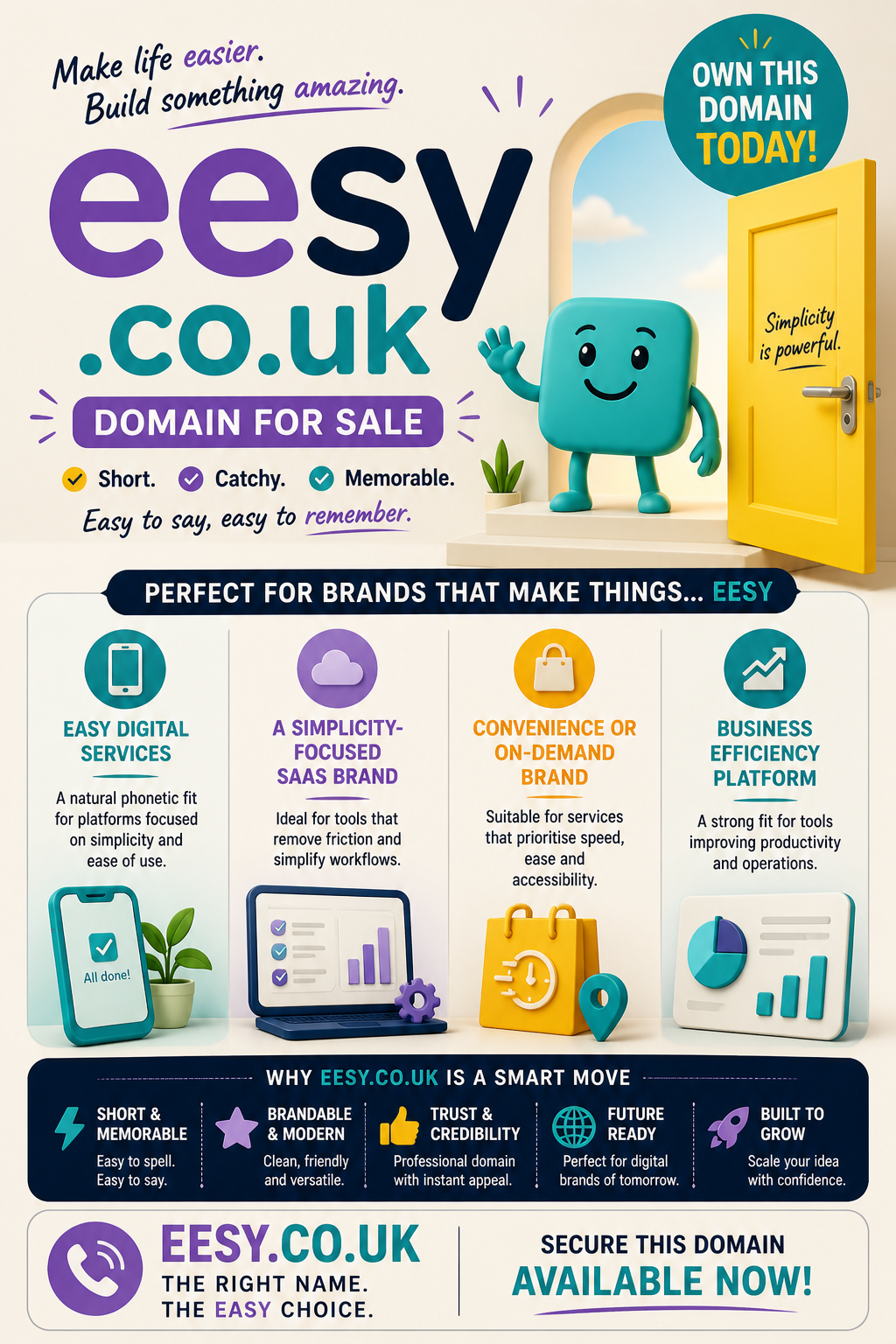 Promotional graphic featuring the domain eesy.co.uk, shown with friendly mascot and mobile app icons. Style: playful, modern
