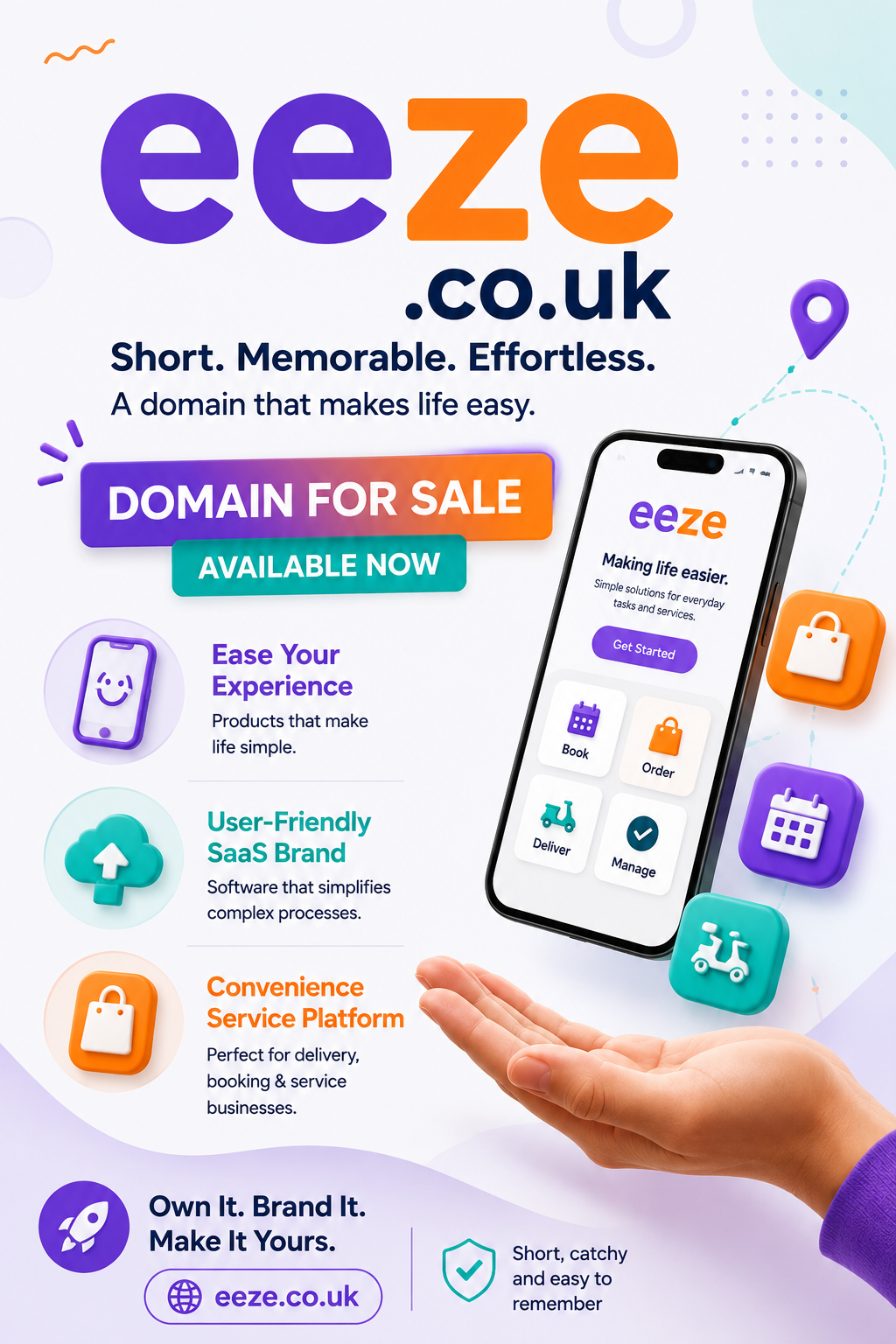 Promotional graphic featuring the domain eeze.co.uk with app icons and bold typography. Style: bright modern startup branding.