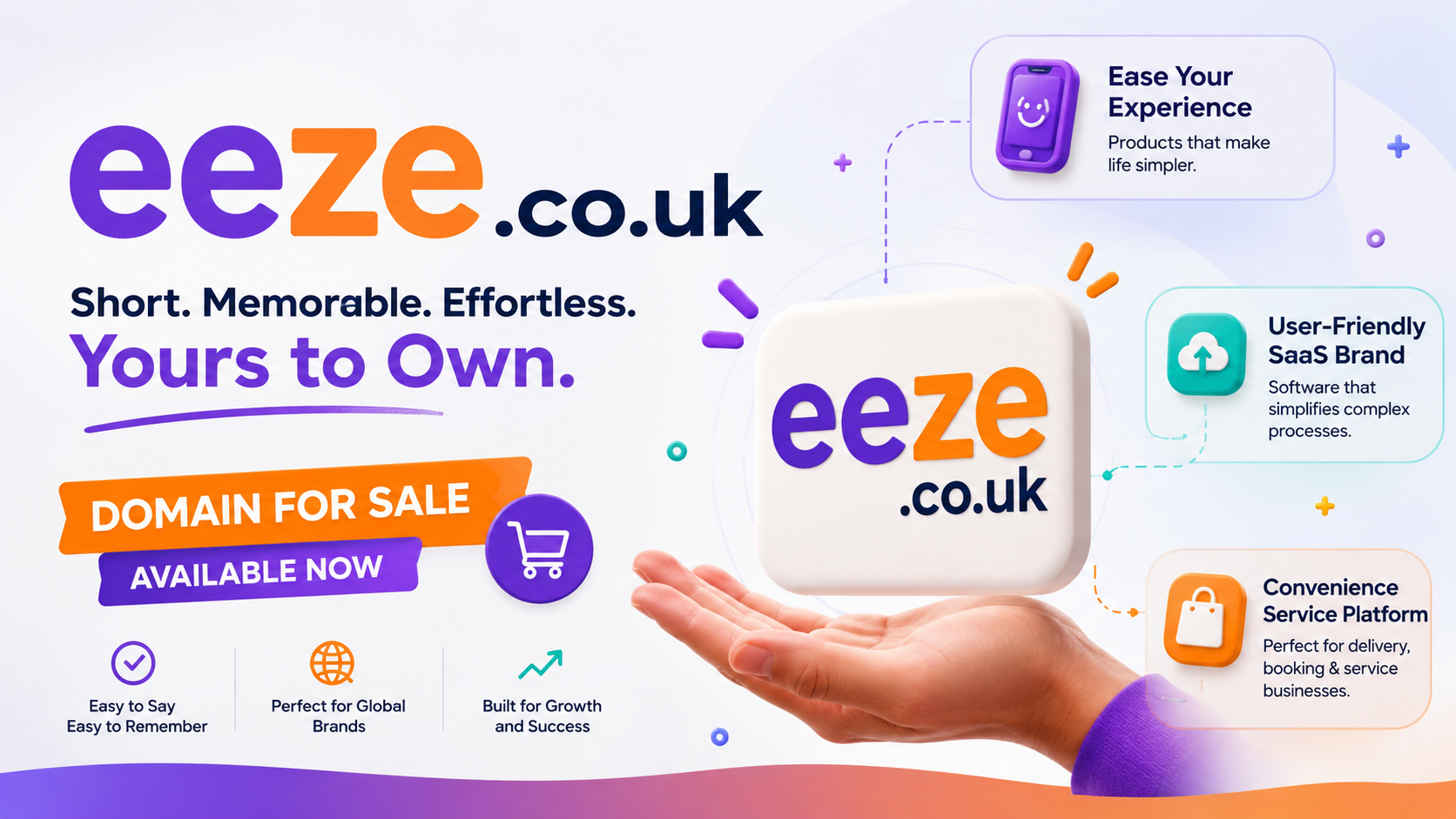 Promotional graphic featuring the domain eeze.co.uk with app icons and bold typography. Style: bright modern startup branding.