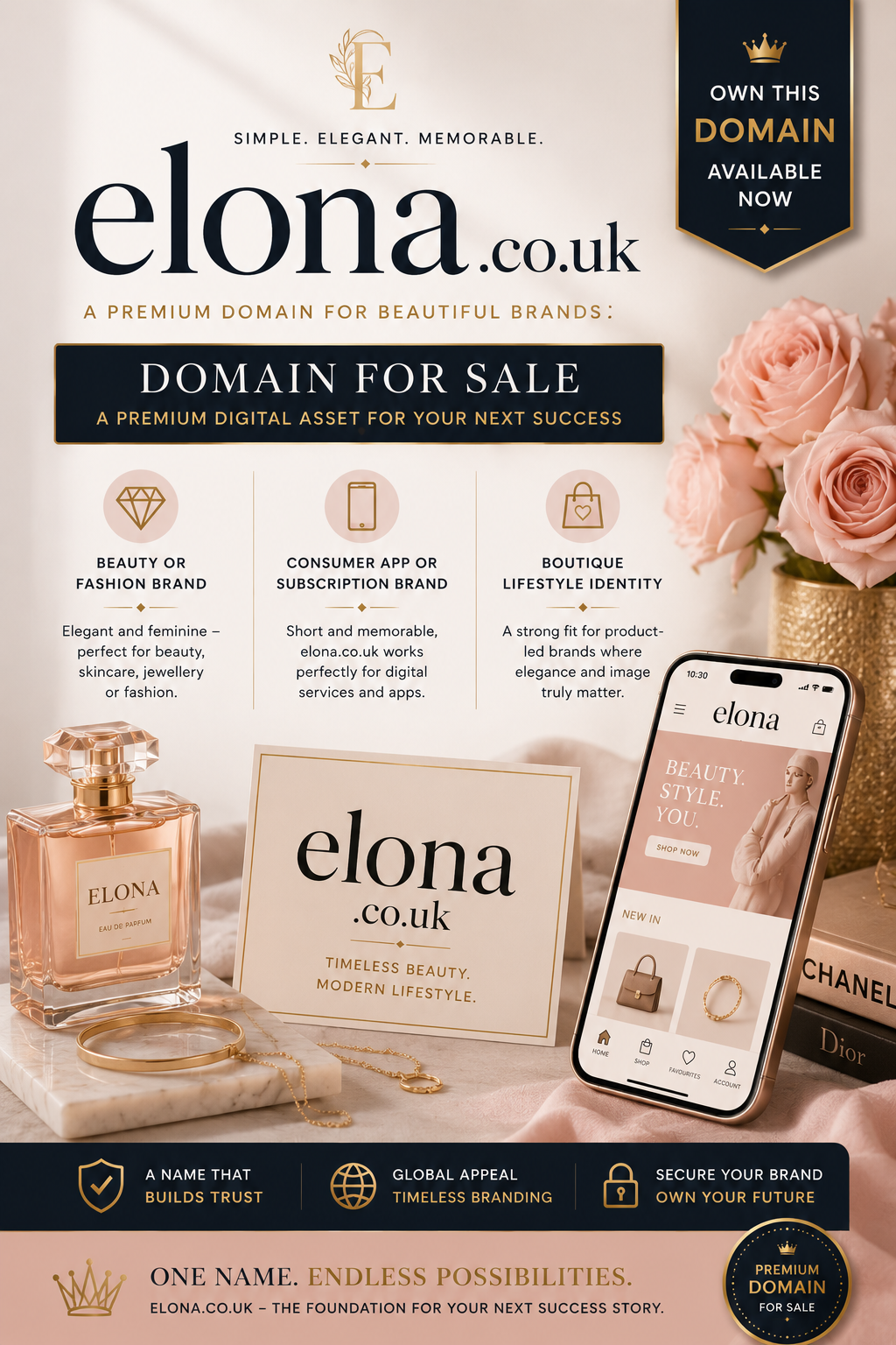 Promotional banner featuring the domain elona.co.uk with luxury beauty branding, perfume bottle and fashion-style app visuals. Style: elegant premium lifestyle.