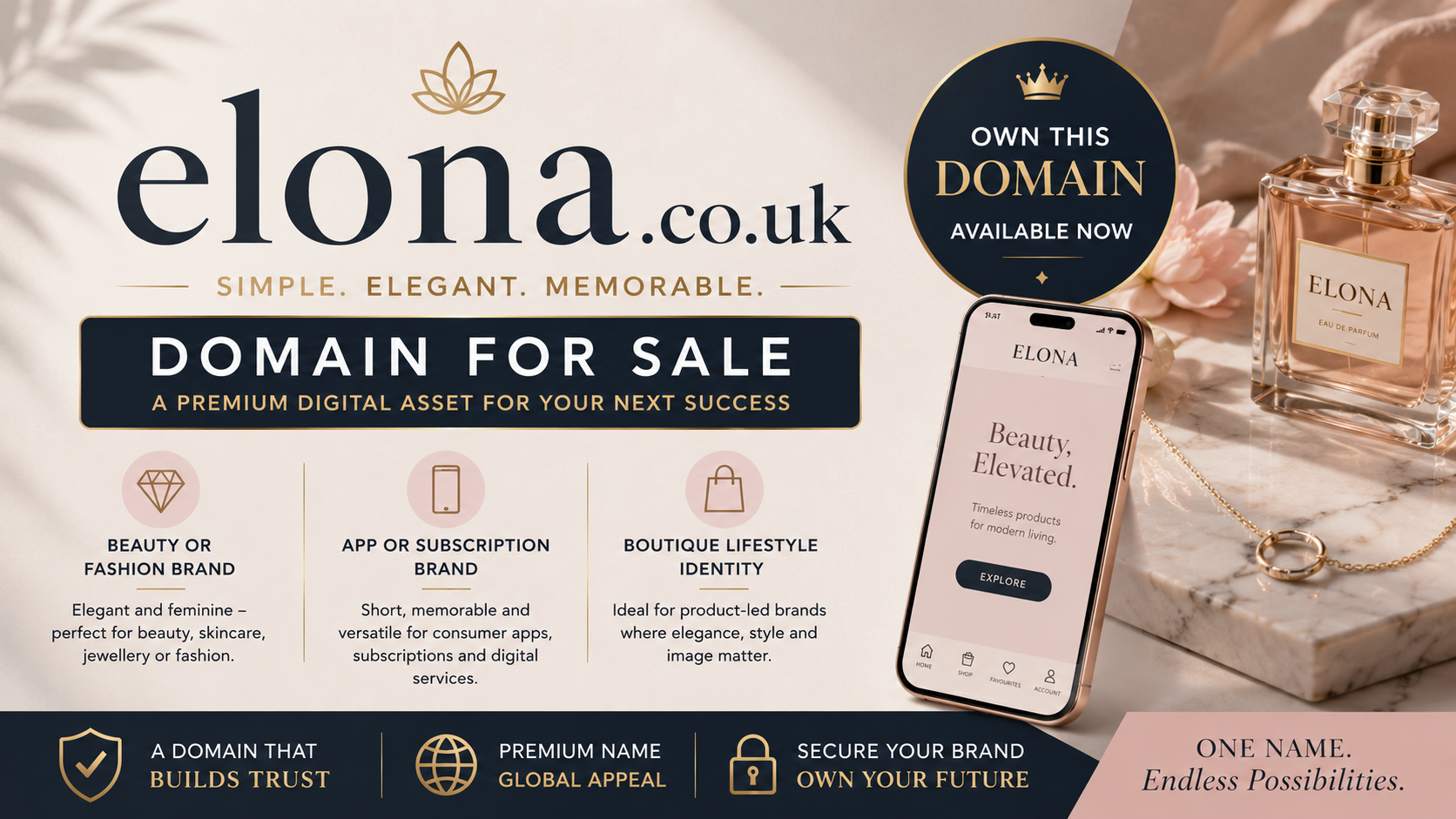 Promotional banner featuring the domain elona.co.uk with luxury beauty branding, perfume bottle and fashion-style app visuals. Style: elegant premium lifestyle.