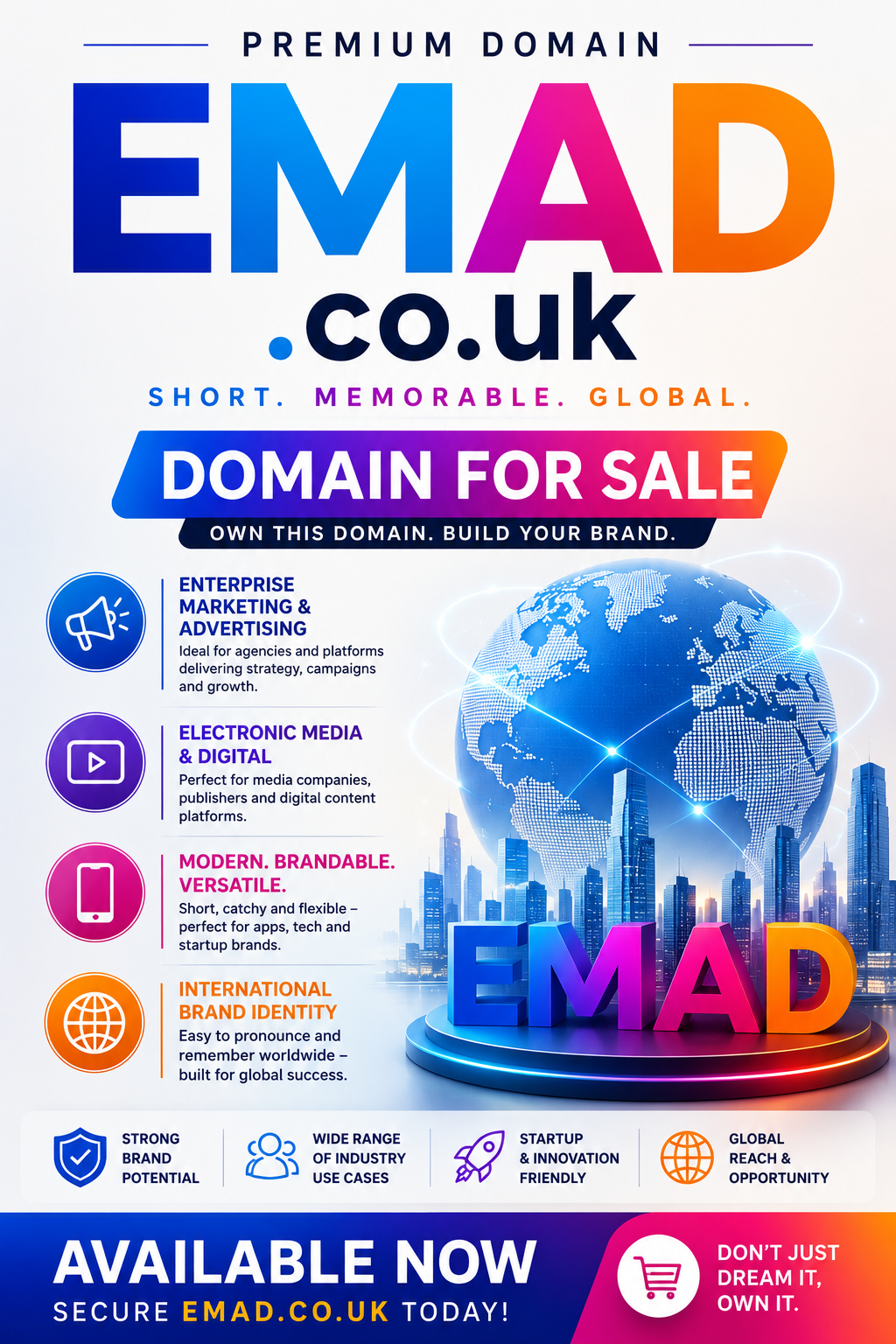 Promotional graphic featuring the domain EMAD.co.uk with global branding icons and digital media visuals. Style: clean modern tech aesthetic.