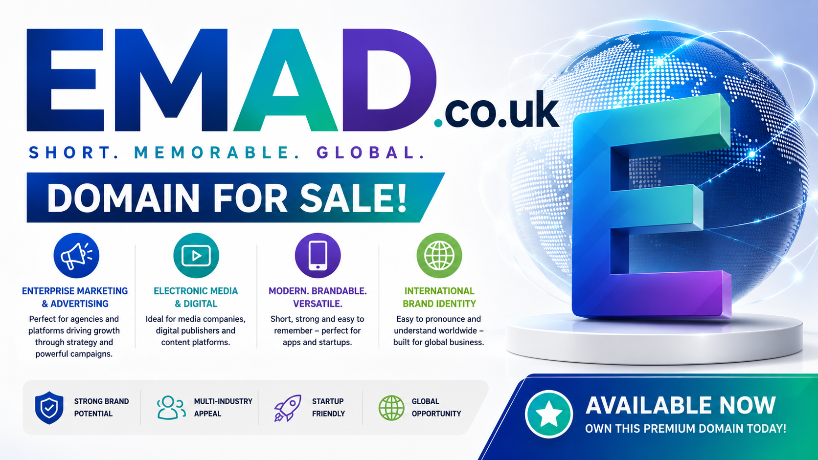 Promotional graphic featuring the domain EMAD.co.uk with global branding icons and digital media visuals. Style: clean modern tech aesthetic.