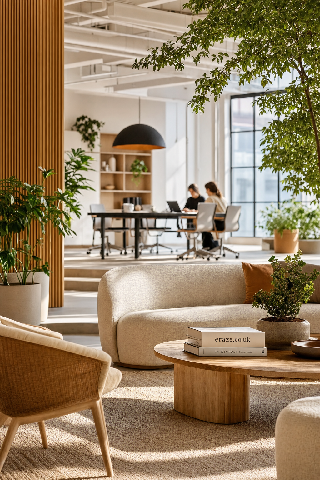 Bright, modern office lounge area with beige sofas, wooden coffee table, plants, and two people working at a table in the background near large windows.