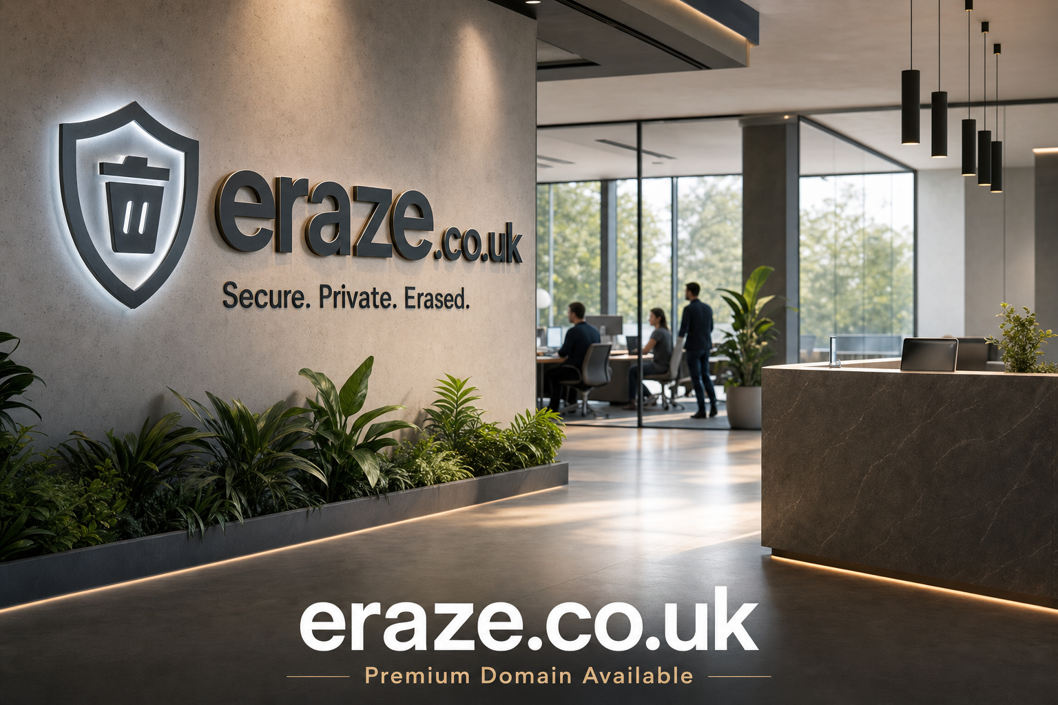 Interior office scene showing a modern reception area with a stone front desk and green plants, adjacent to a wall with a shield and trash can logo and the text 'eraze.co.uk Secure. Private. Erased.' in raised black letters.