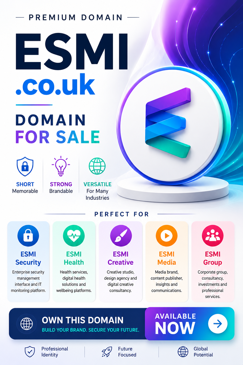 Promotional graphic featuring the domain ESMI.co.uk with security, health and media icons. Style: bright modern corporate.