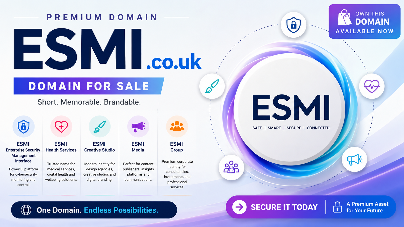 Promotional graphic featuring the domain ESMI.co.uk with security, health and media icons. Style: bright modern corporate.