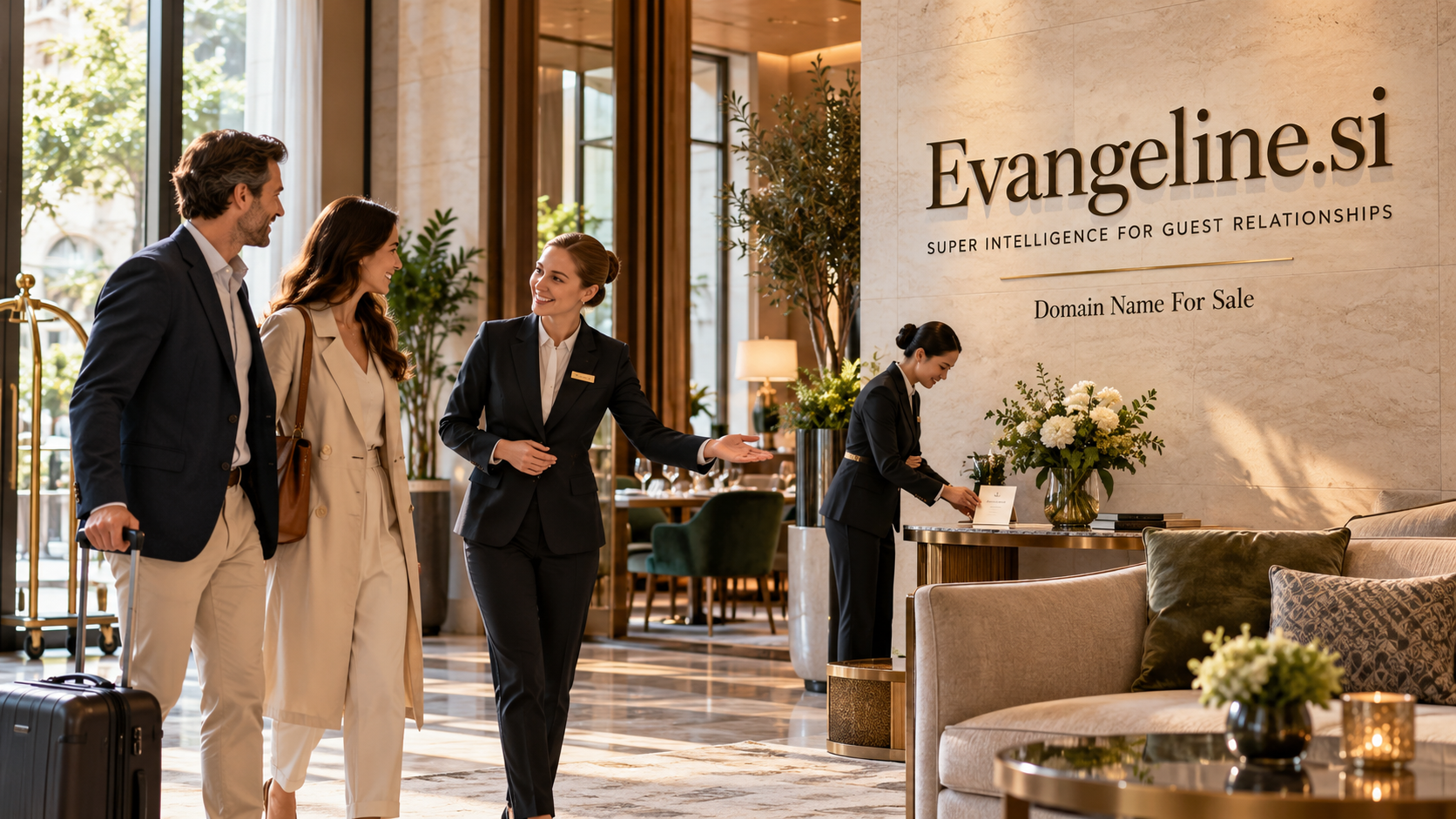 A hotel host welcomes a couple in a sunlit lobby beside a wall sign reading “Evangeline.si” and “Super Intelligence for Guest Relationships”; “Domain Name For Sale” appears below.