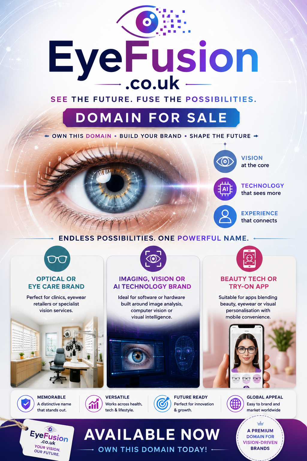 Promotional graphic featuring the domain EyeFusion.co.uk, shown with digital eye imagery and AI vision technology elements. Style: modern innovative.