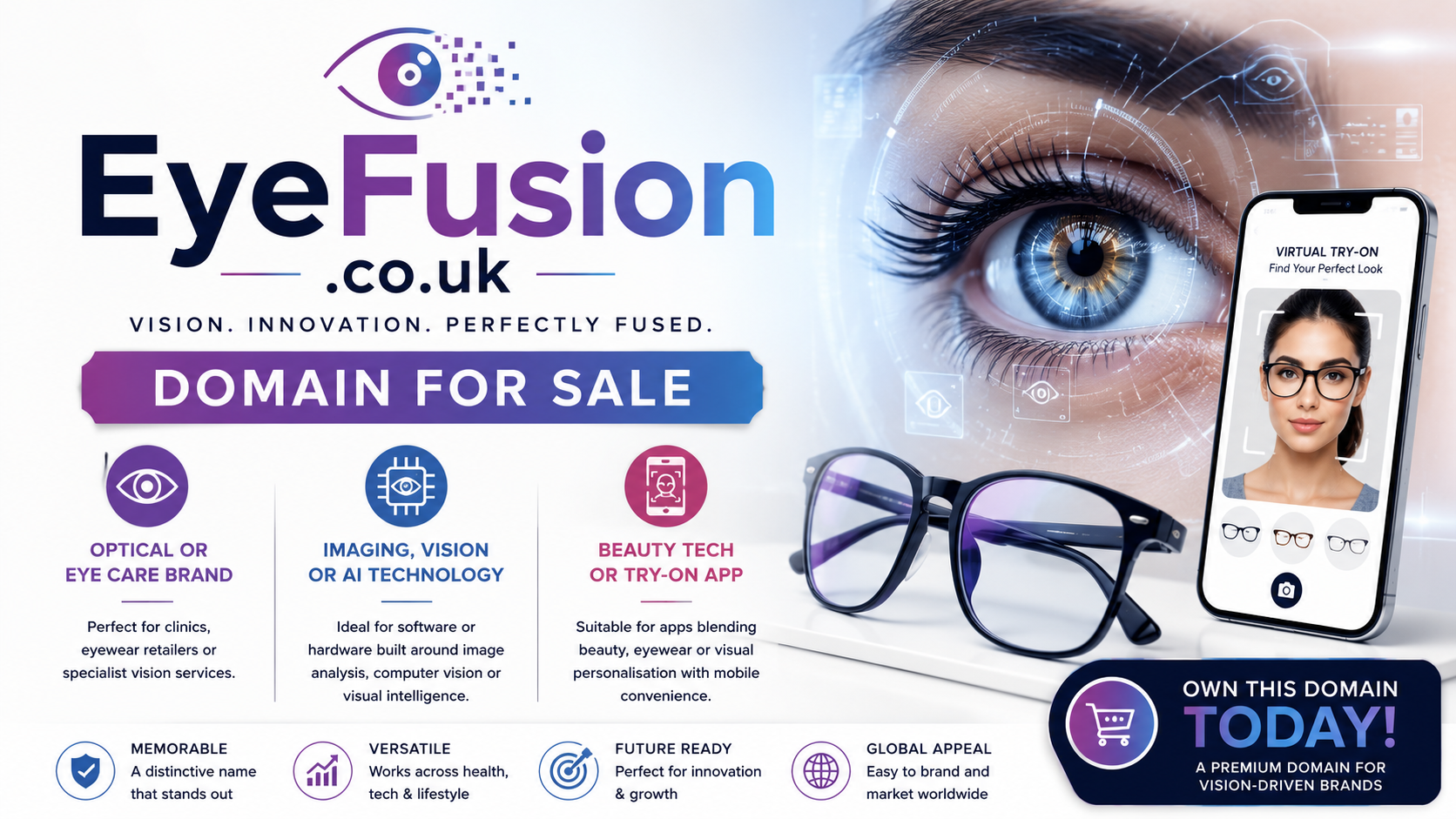 Promotional graphic featuring the domain EyeFusion.co.uk, shown with digital eye imagery and AI vision technology elements. Style: modern innovative.