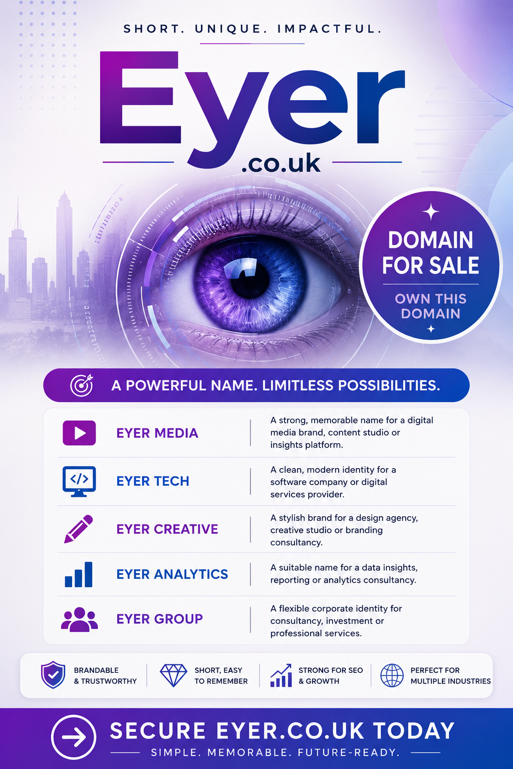 Modern promotional graphic for Eyer.co.uk featuring a futuristic eye design, purple branding and domain-for-sale messaging.
