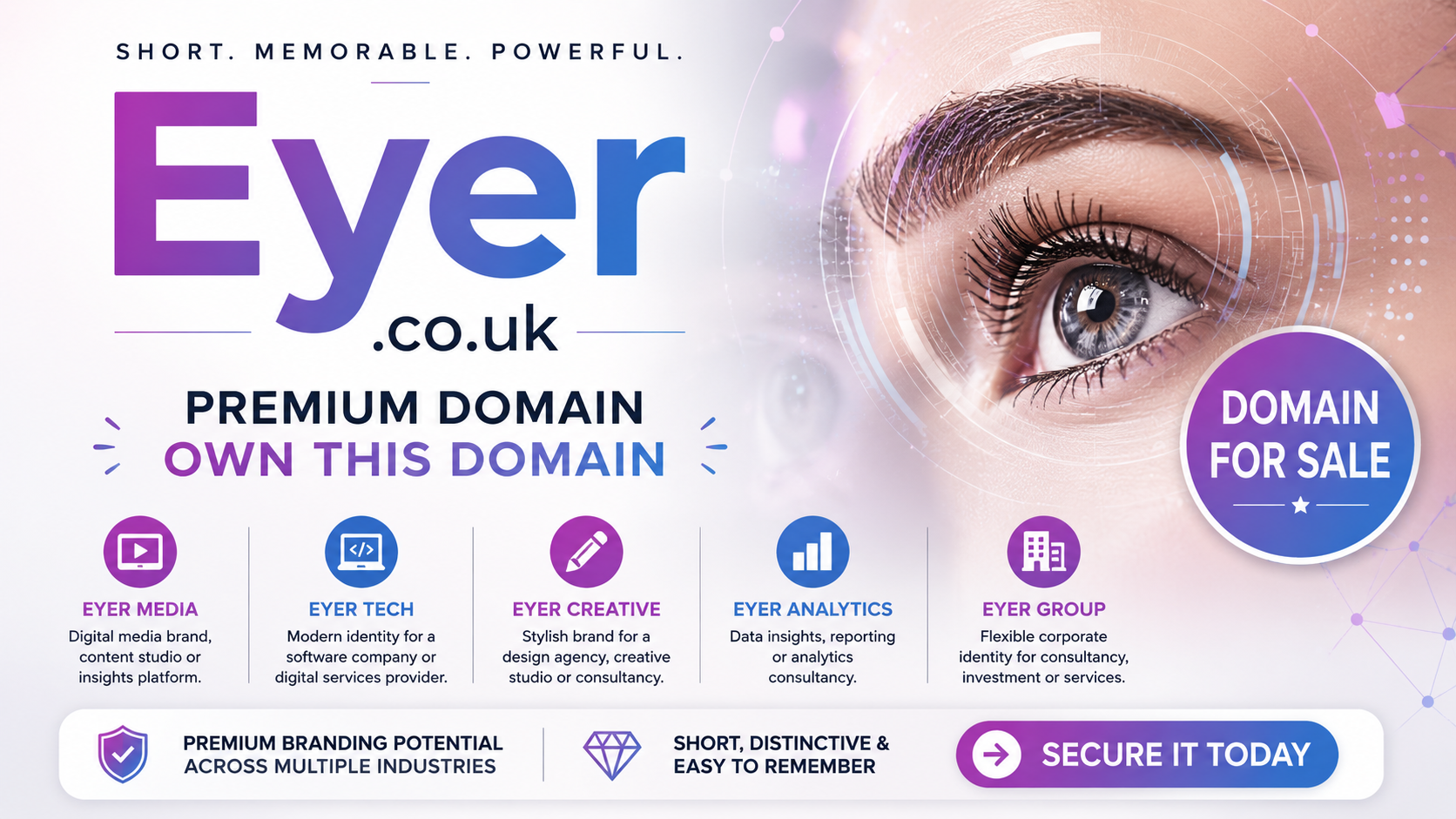 Modern promotional graphic for Eyer.co.uk featuring a futuristic eye design, purple branding and domain-for-sale messaging.