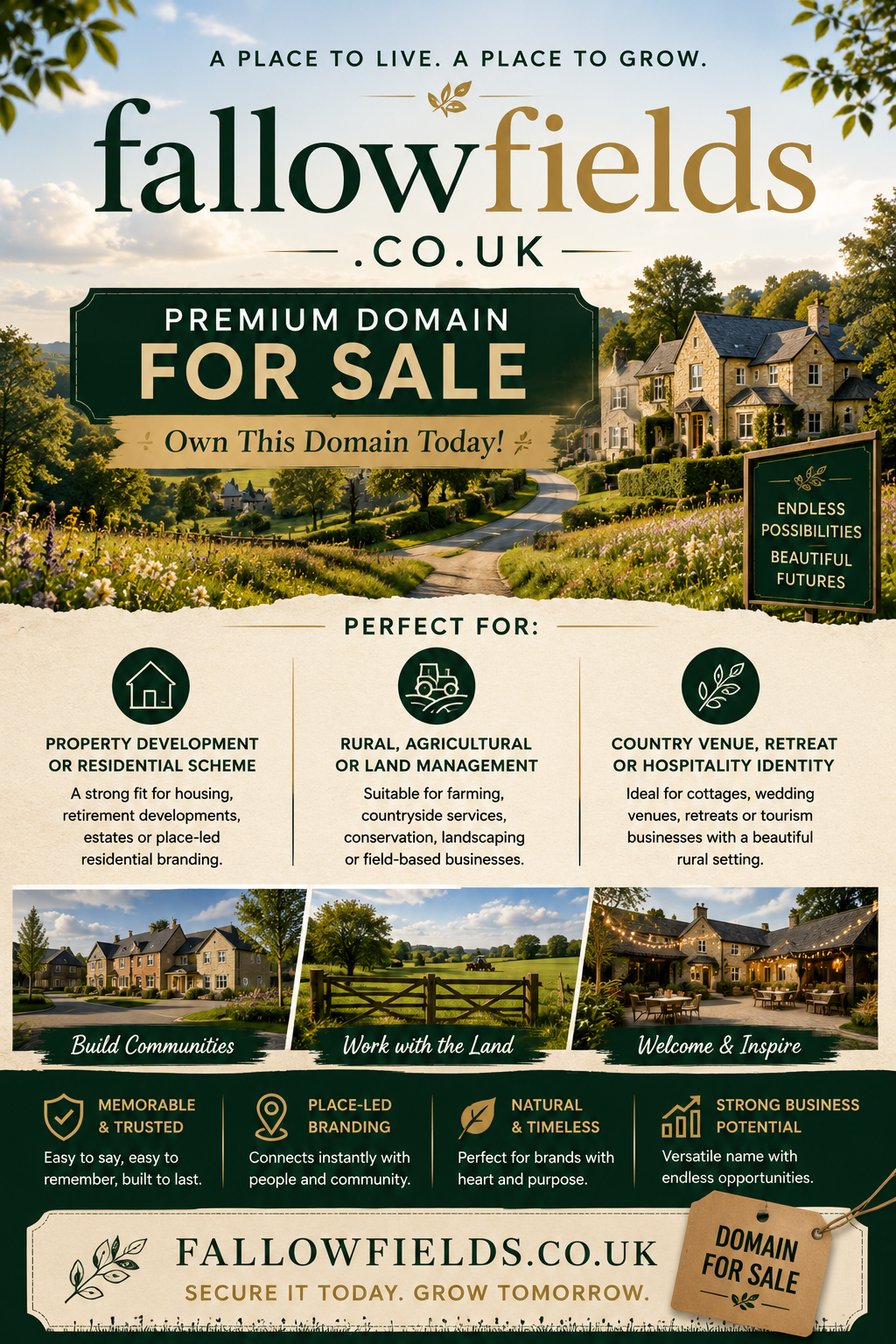 Countryside-themed graphic for fallowfields.co.uk with rural homes, green branding and hospitality venue imagery.