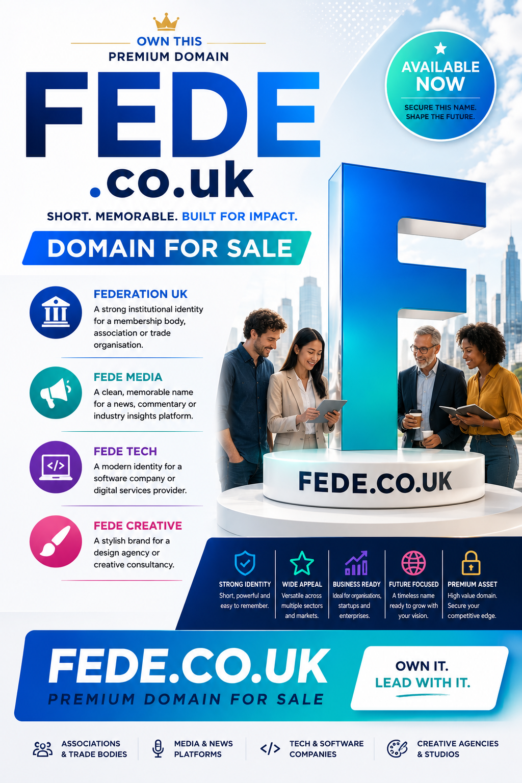 Promotional graphic featuring the domain FEDE.co.uk with federation, media and tech icons. Style: clean modern branding.
