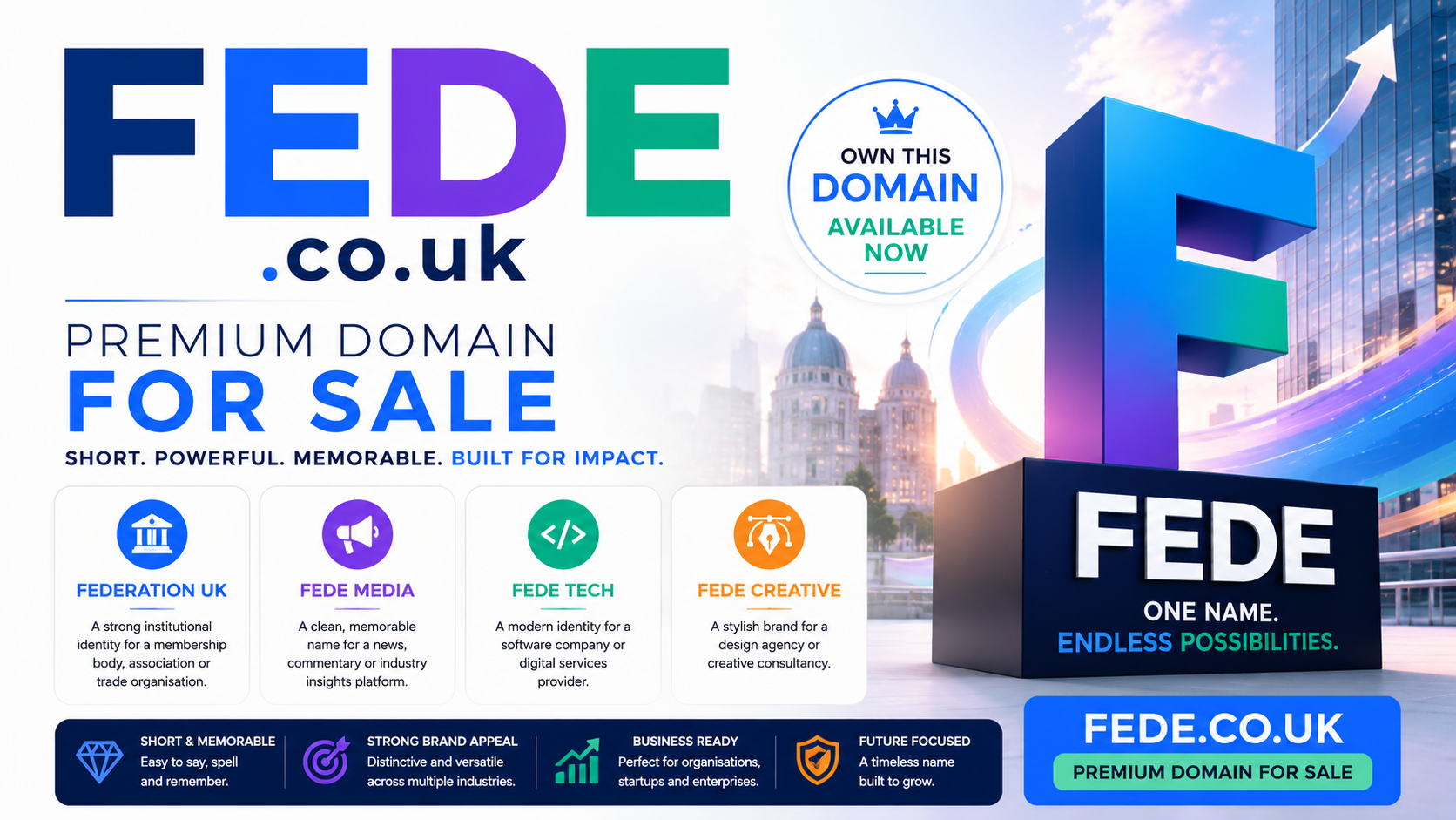 Promotional graphic featuring the domain FEDE.co.uk with federation, media and tech icons. Style: clean modern branding.