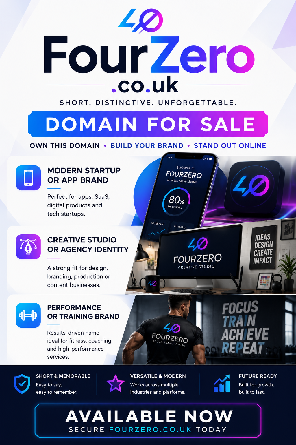 Promotional graphic featuring the domain FourZero.co.uk, shown with app, creative studio and performance branding visuals. Style: bold modern.