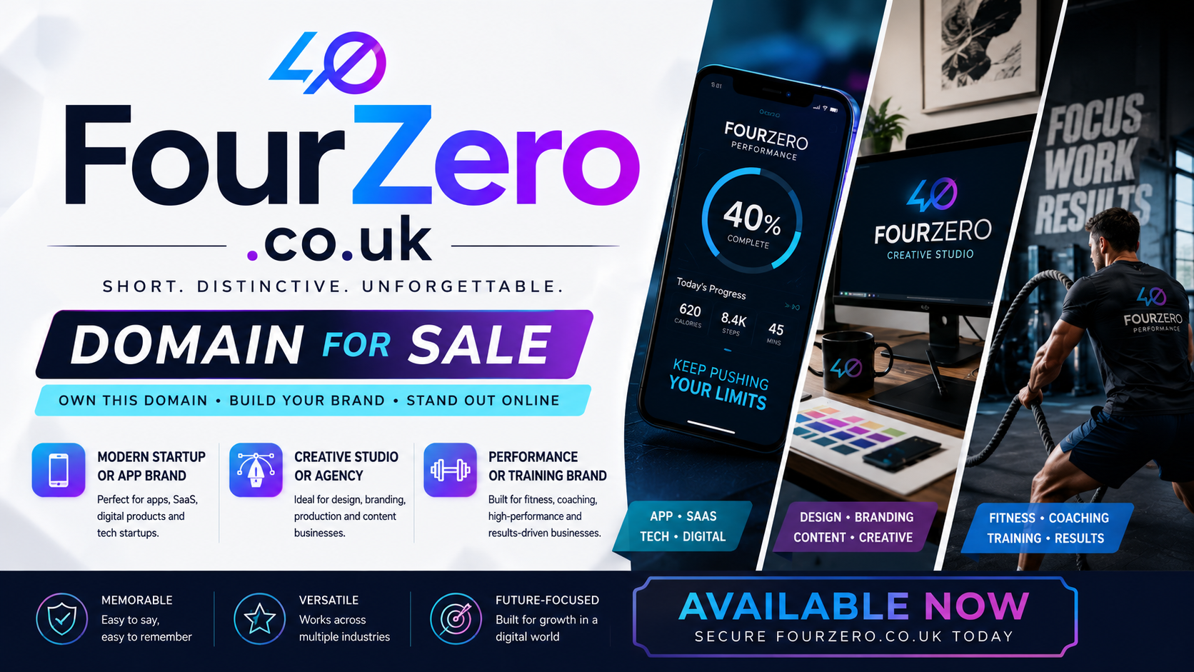 Promotional graphic featuring the domain FourZero.co.uk, shown with app, creative studio and performance branding visuals. Style: bold modern.