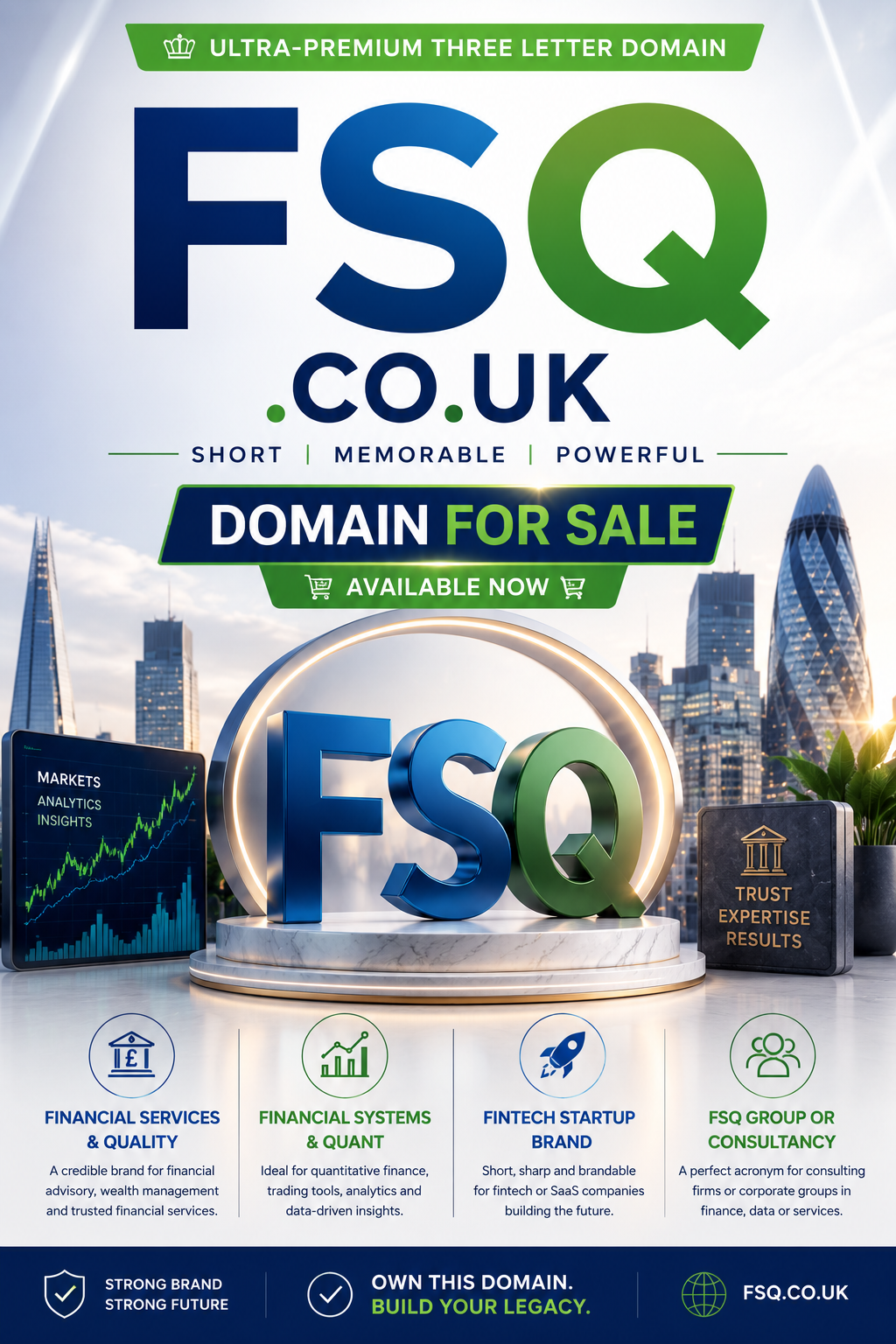 Promotional graphic for FSQ.co.uk with fintech podium display, London skyline and premium finance branding. Style: modern.