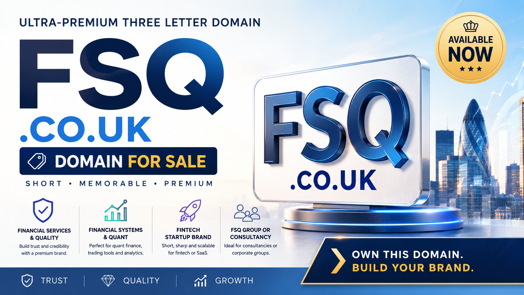 Promotional graphic for FSQ.co.uk with fintech podium display, London skyline and premium finance branding. Style: modern.
