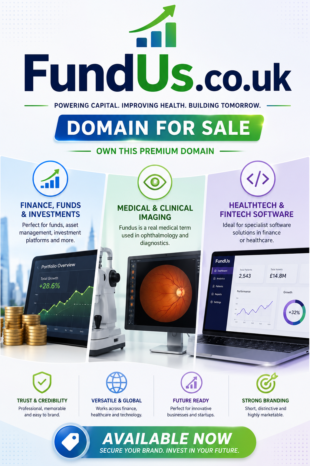 Promotional graphic featuring the domain FundUs.co.uk with finance growth, retinal imaging and software icons. Style: bright, modern and professional.