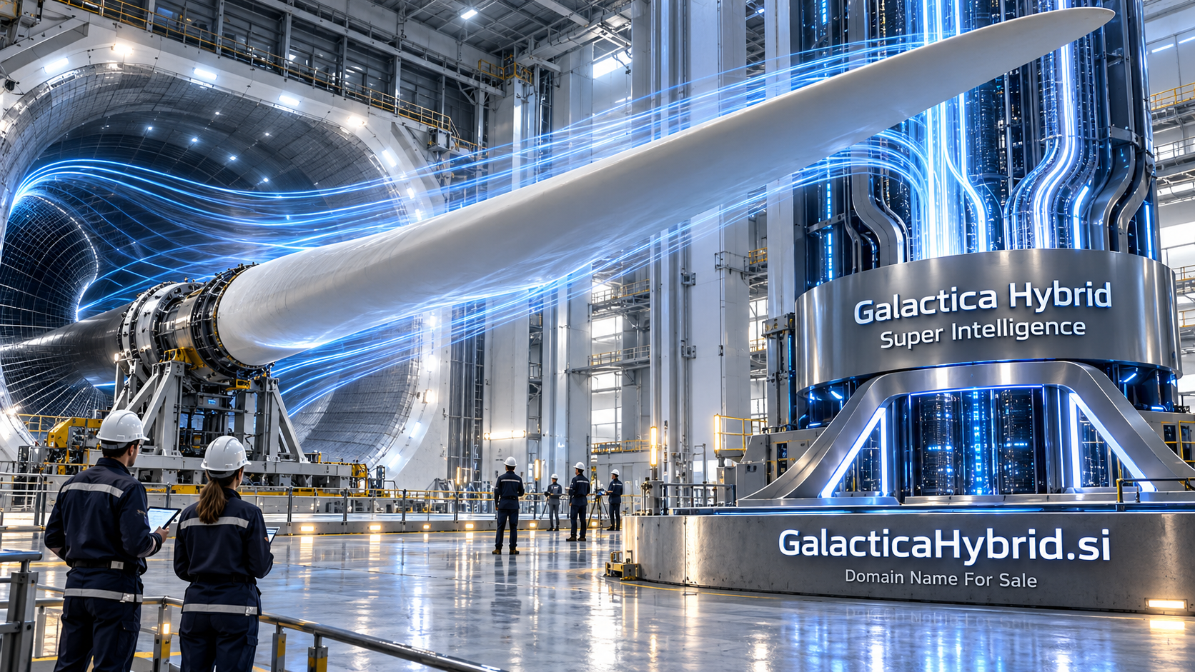 Engineers observe a turbine blade in a bright wind tunnel as blue-white light streams from the Galactica Hybrid Super Intelligence system. GalacticaHybrid.si and “Domain Name For Sale” appear on its structure.