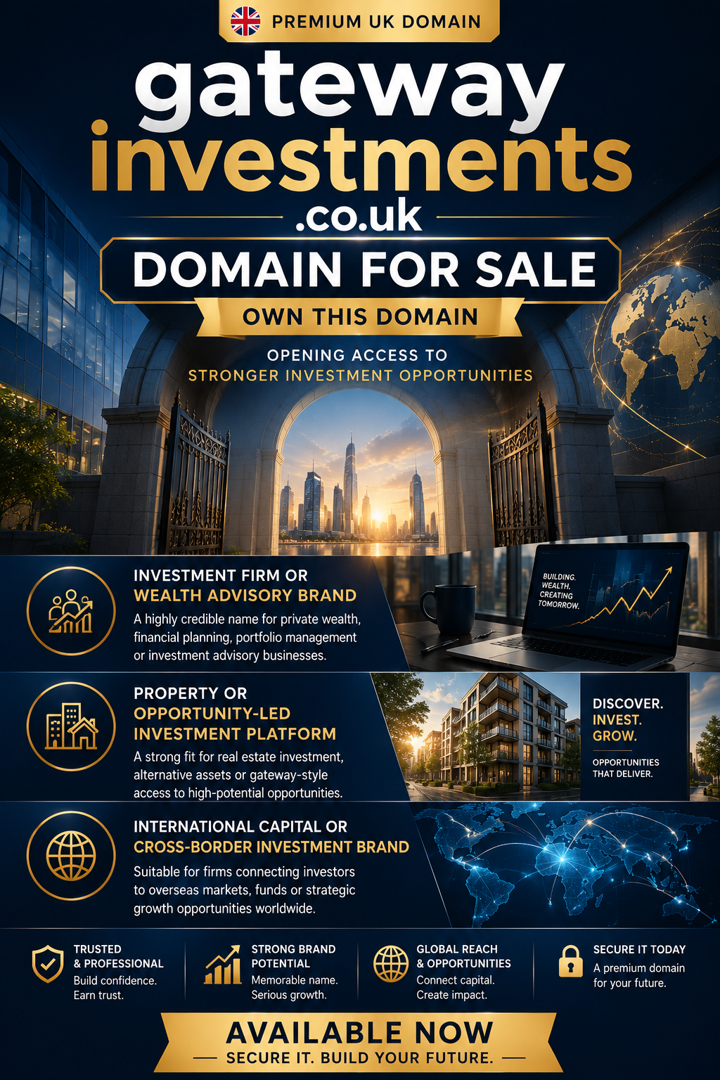 Promotional finance graphic featuring gatewayinvestments.co.uk with gateway arch and global investment visuals. Style: premium corporate.