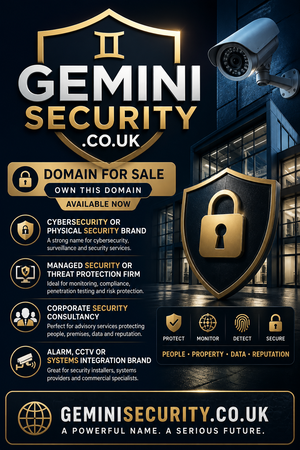 Promotional graphic featuring the domain geminisecurity.co.uk, shown with shield and CCTV camera. Style: premium dark corporate.