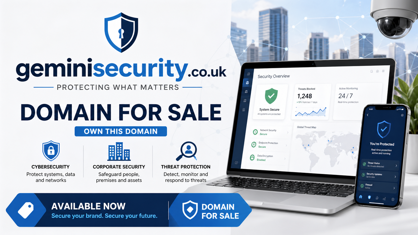 Promotional graphic featuring the domain geminisecurity.co.uk, shown with shield icon and security dashboard. Style: clean modern tech.