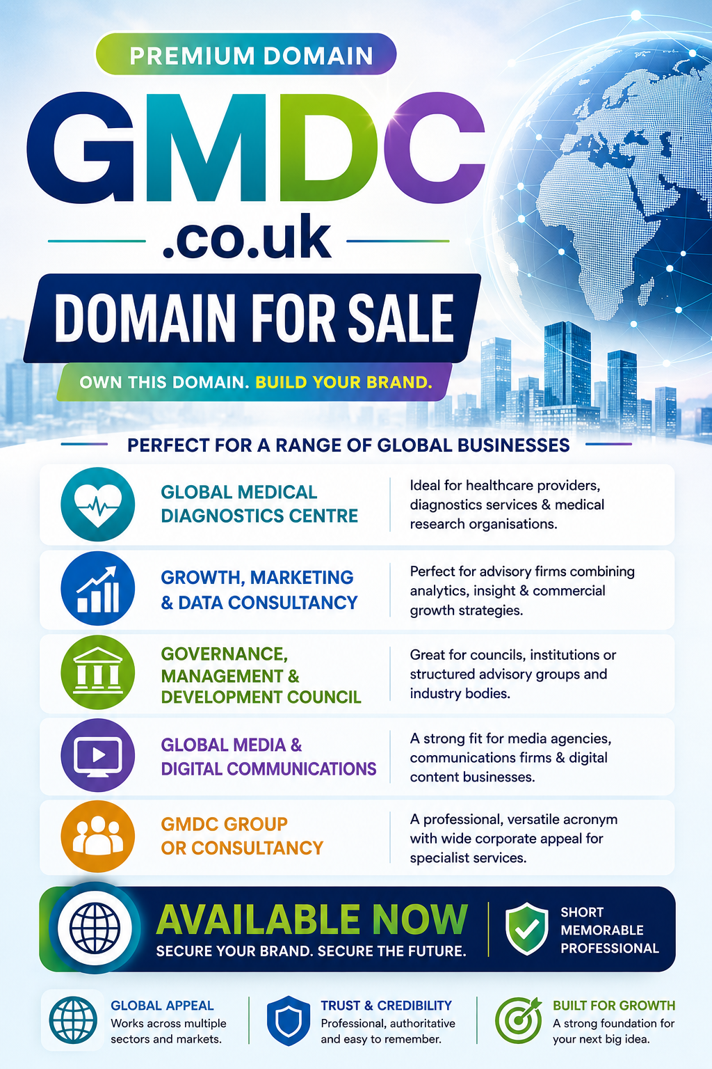 Promotional graphic featuring the domain GMDC.co.uk with a digital globe, consultancy icons and bold for-sale branding. Style: modern corporate.