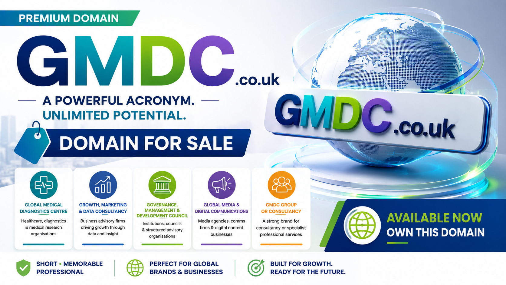 Promotional graphic featuring the domain GMDC.co.uk with a digital globe, consultancy icons and bold for-sale branding. Style: modern corporate.