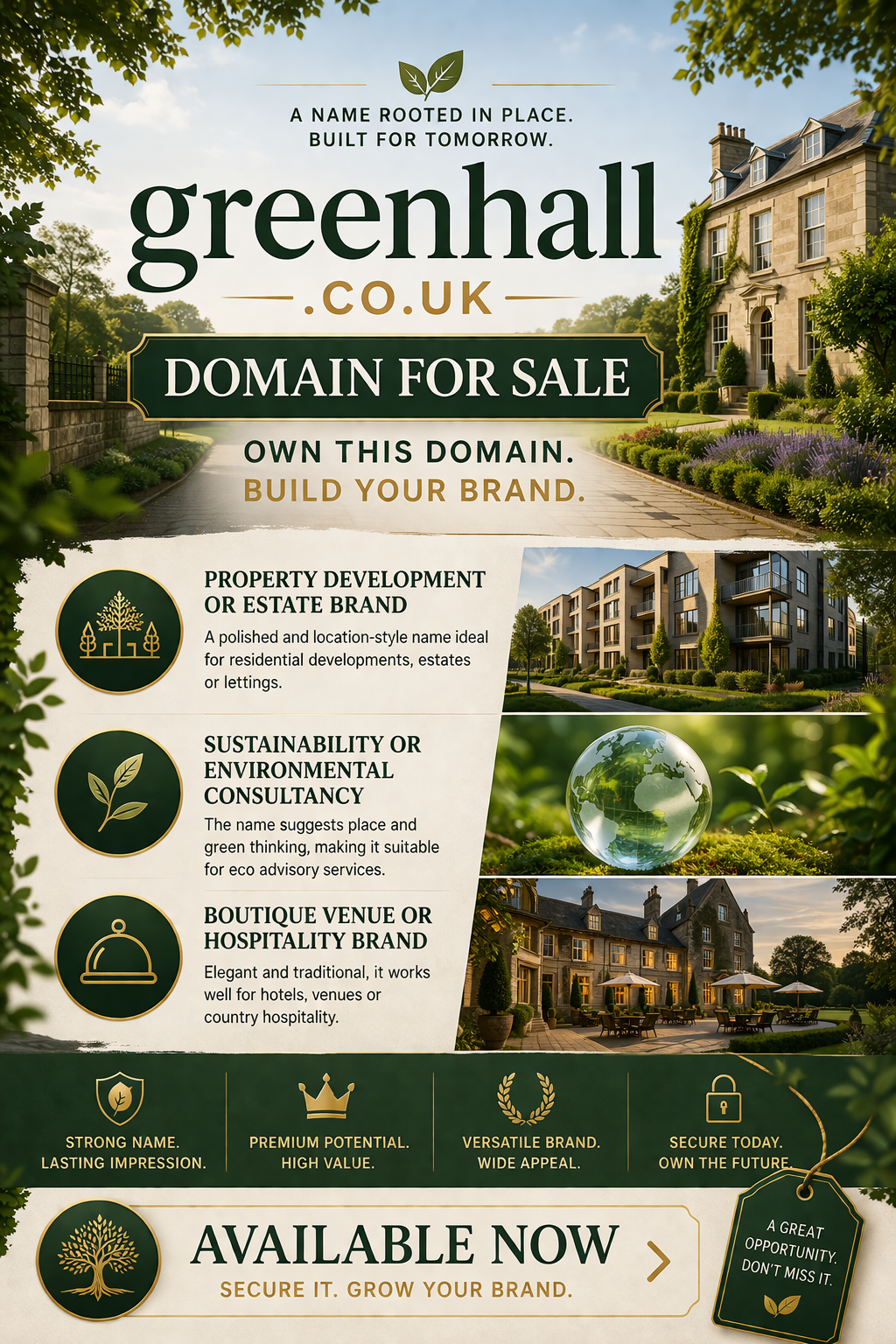 Promotional banner featuring the domain greenhall.co.uk, shown with country estate and green leaf icon. Style: elegant natural premium