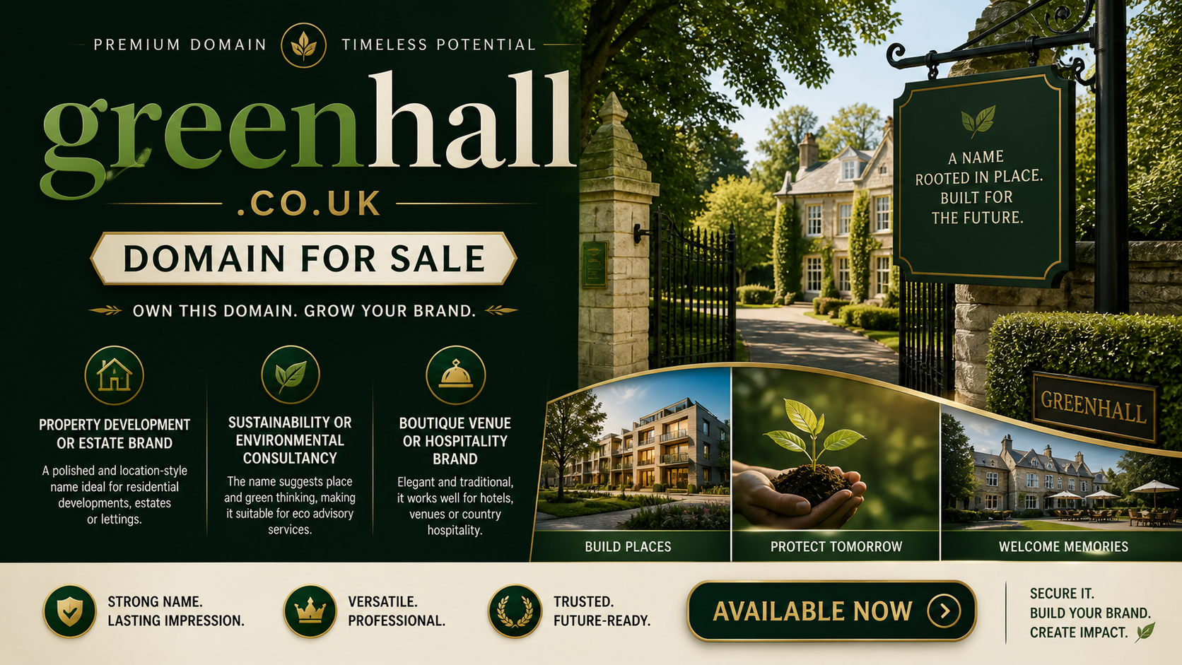 Promotional banner featuring the domain greenhall.co.uk, shown with country estate and green leaf icon. Style: elegant natural premium