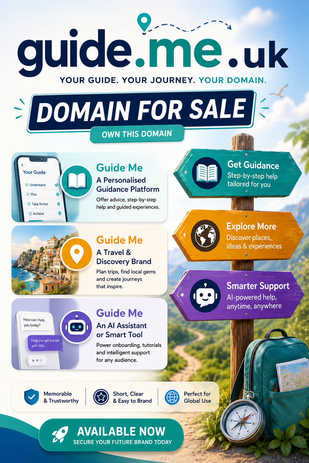 Promotional graphic featuring the domain guide.me.uk with signposts, travel icons and AI assistant visuals. Style: bright modern startup branding.