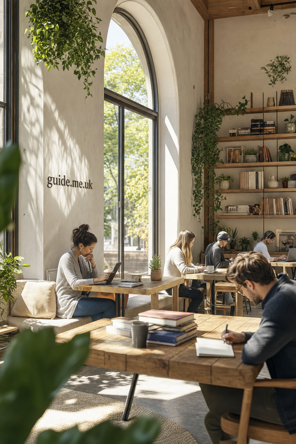 People working and studying in a bright, modern co-working space with large arched windows, wooden furniture, indoor plants, and bookshelves filled with books and decor items.