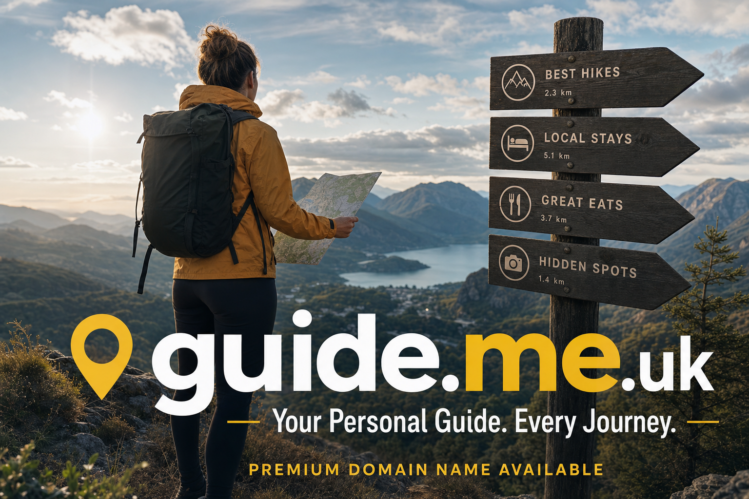 A woman in outdoor gear with a large backpack holds a map, looking out over a mountainous landscape with a body of water in the distance as the sun sets. Nearby, a wooden signpost points to destinations labeled Best Hikes, Local Stays, Great Eats, and Hidden Spots.