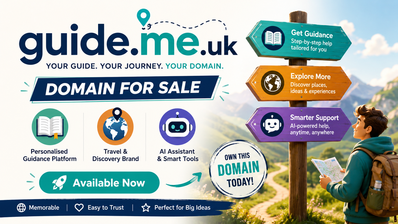 Promotional graphic featuring the domain guide.me.uk with signposts, travel icons and AI assistant visuals. Style: bright modern startup branding.