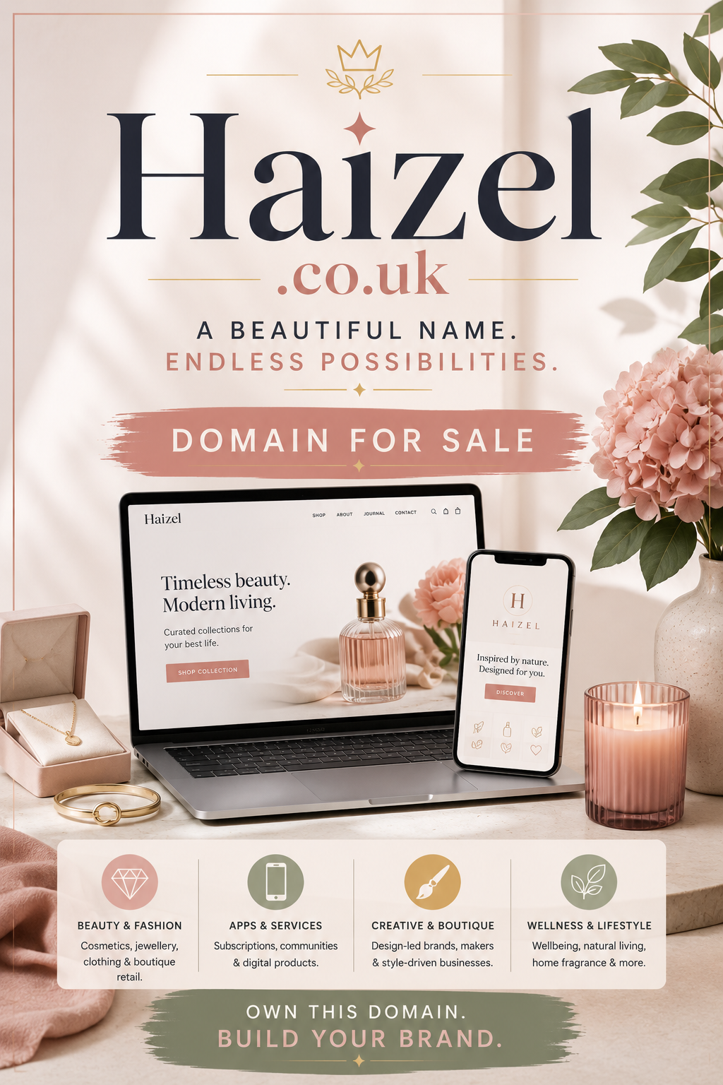 Promotional graphic featuring the domain Haizel.co.uk with luxury beauty products and botanical accents. Style: elegant, modern and premium.