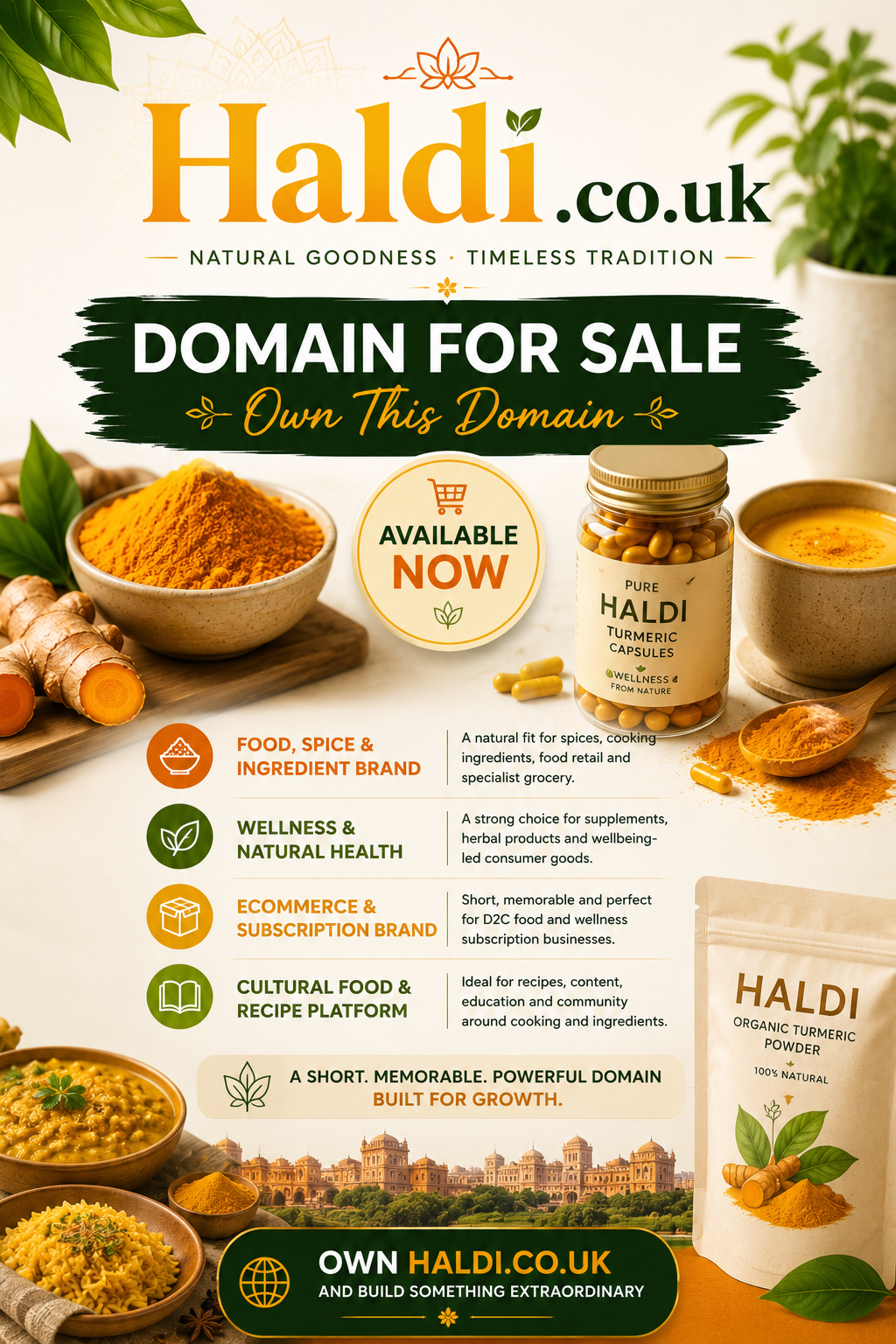 Promotional graphic featuring the domain Haldi.co.uk with spices, wellness products and recipe visuals. Style: bright modern wellness.