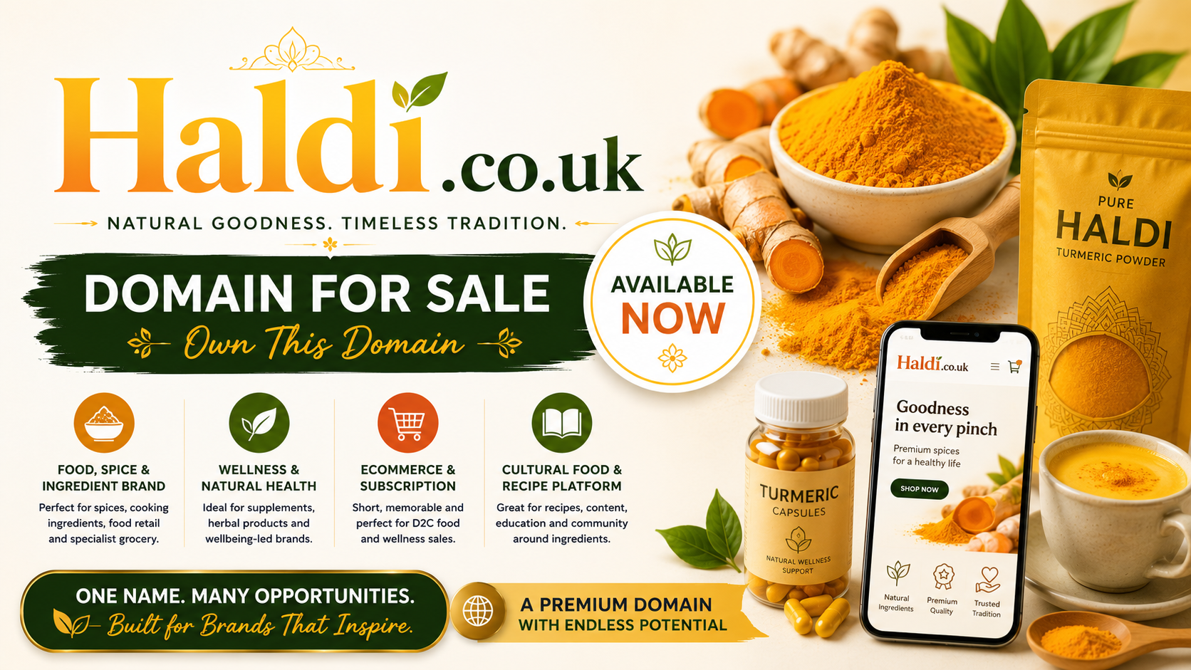 Promotional graphic featuring the domain Haldi.co.uk with spices, wellness products and recipe visuals. Style: bright modern wellness.