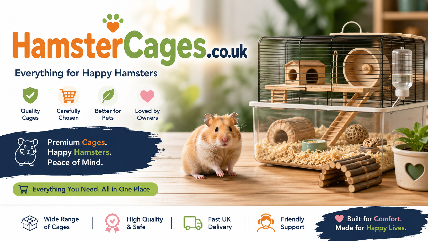 A bright, modern promotional banner for HamsterCages.co.uk featuring a realistic hamster beside a spacious, well-equipped habitat with wooden accessories, bedding, wheel and water bottle. The design highlights a specialist small pet retail brand with cheerful colours and clean ecommerce styling, emphasising quality hamster cages and accessories.