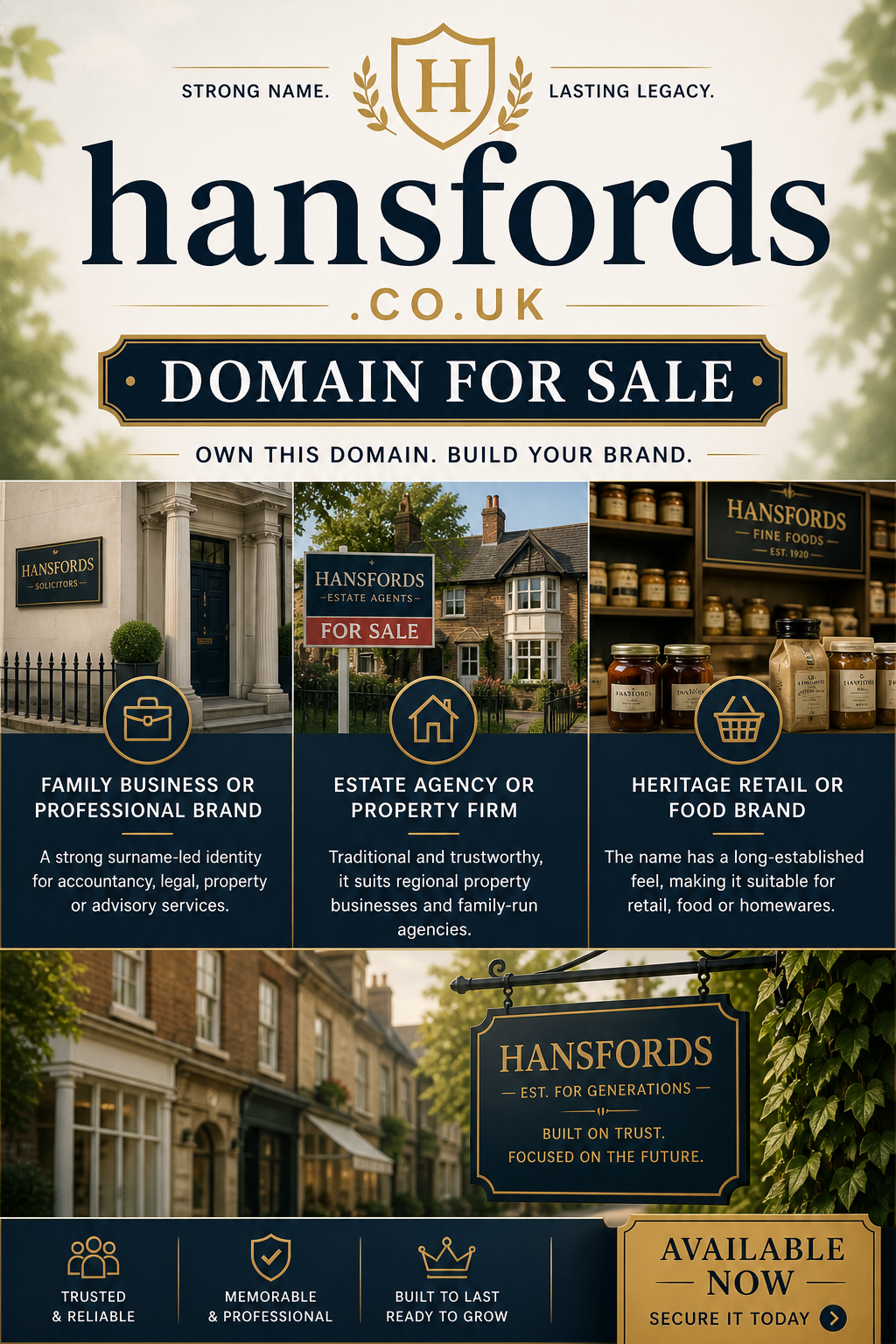 Promotional graphic featuring the domain hansfords.co.uk, shown with office building and heritage shopfront. Style: classic professional