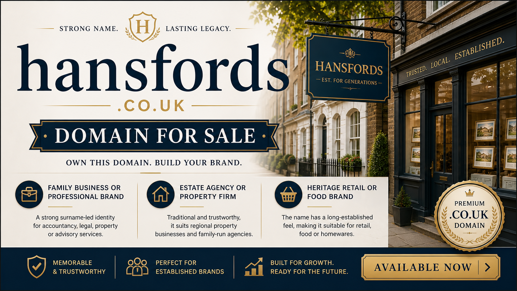 Promotional graphic featuring the domain hansfords.co.uk, shown with office building and heritage shopfront. Style: classic professional