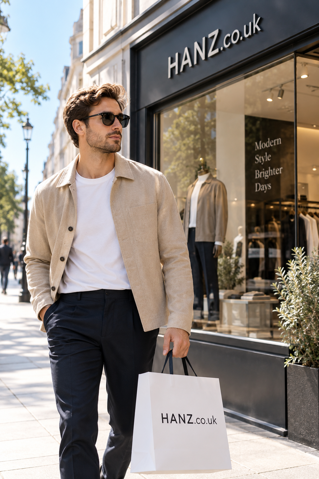 A stylish man walks past an upscale HANZ.co.uk fashion boutique, with neutral clothing displays, elegant storefront signage and warm daylight creating a refined lifestyle scene.